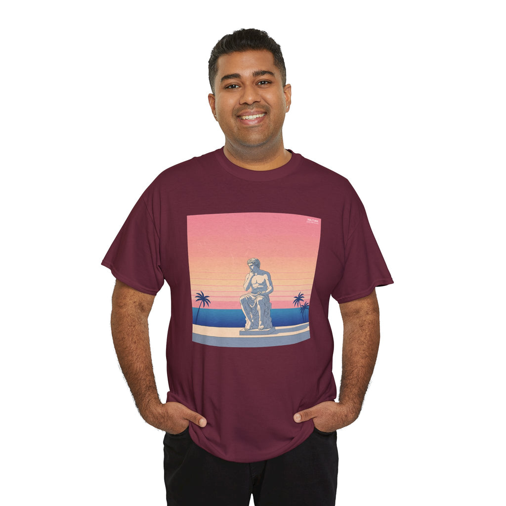Retro Sunset Statue T-Shirt — Vaporwave Beach Graphic Tee