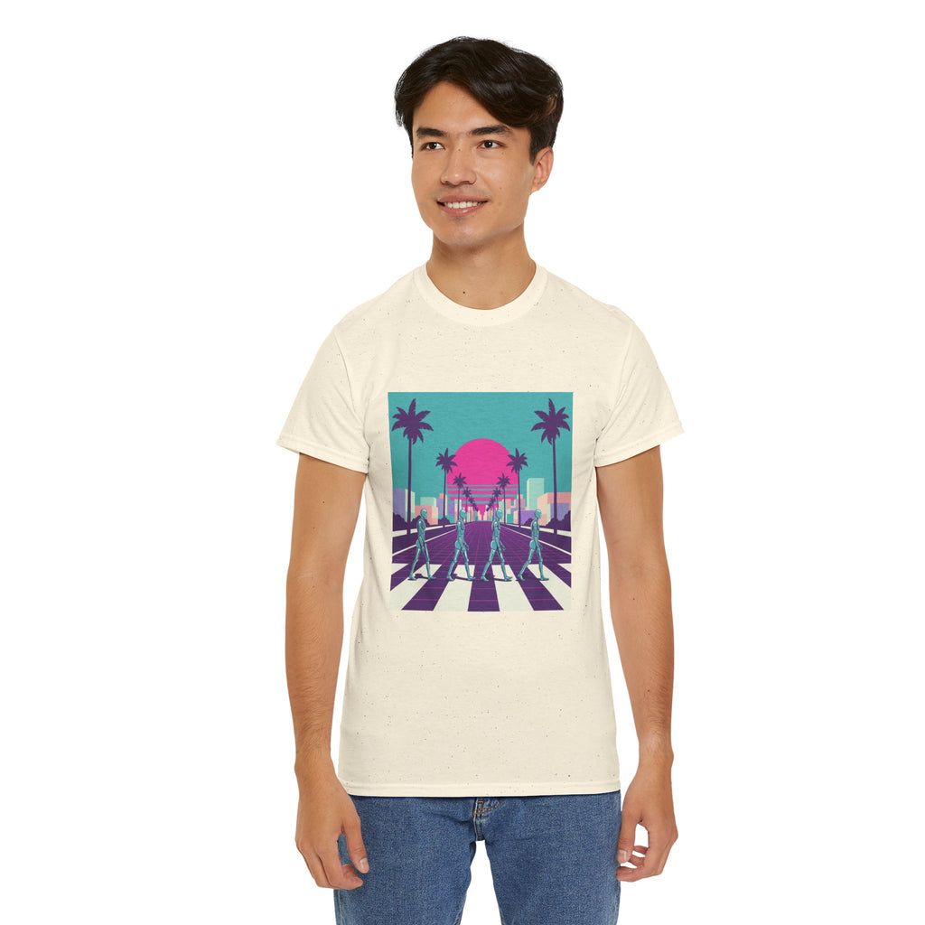 Retro Sunset Beach Tee — Vaporwave Palm Tree Skate Crossing T-Shirt