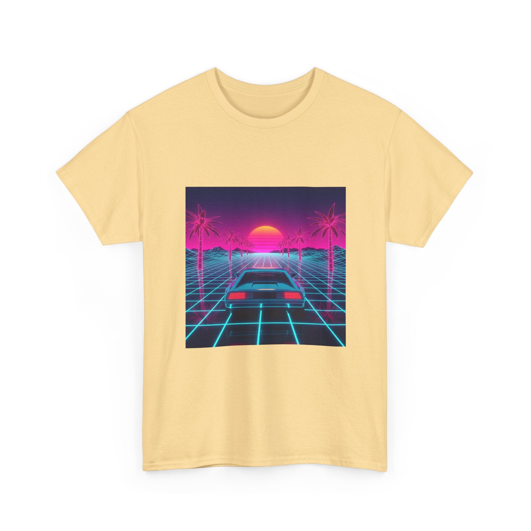 Vaporwave Sunset Drive Tee | Retro 80s Neon Car Grid Palm Trees