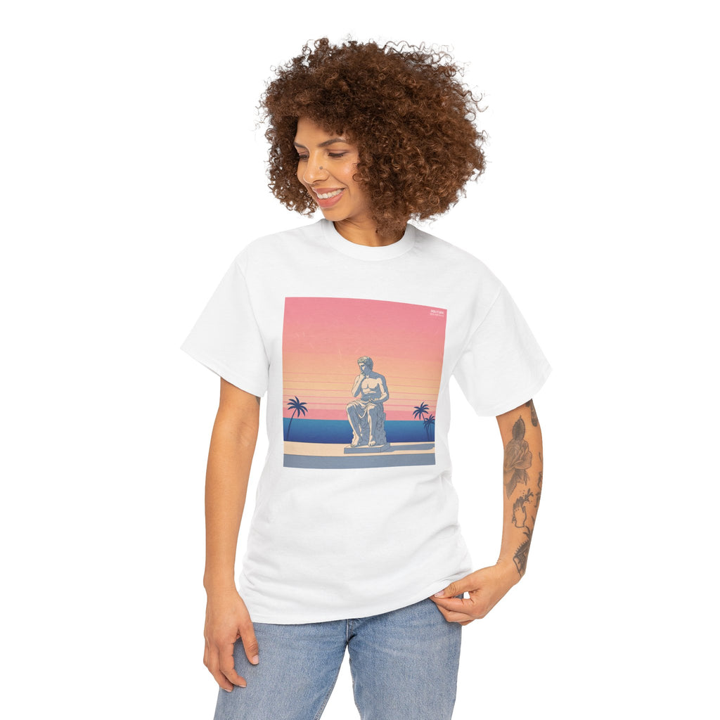Retro Sunset Statue T-Shirt — Vaporwave Beach Graphic Tee