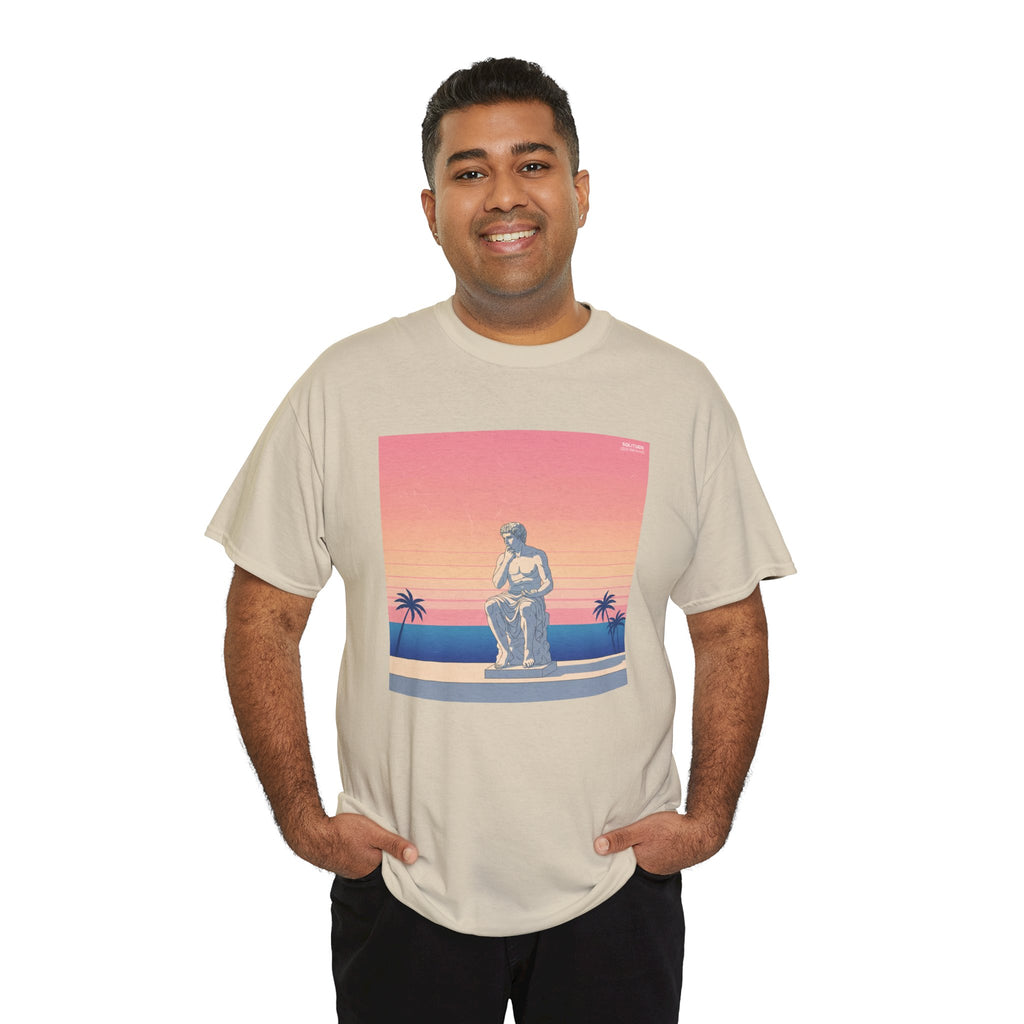 Retro Sunset Statue T-Shirt — Vaporwave Beach Graphic Tee