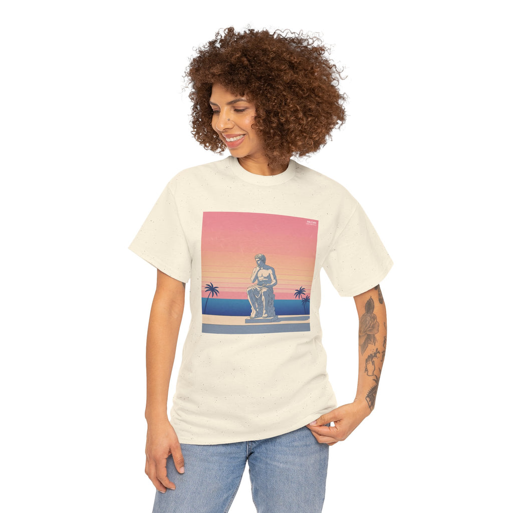 Retro Sunset Statue T-Shirt — Vaporwave Beach Graphic Tee