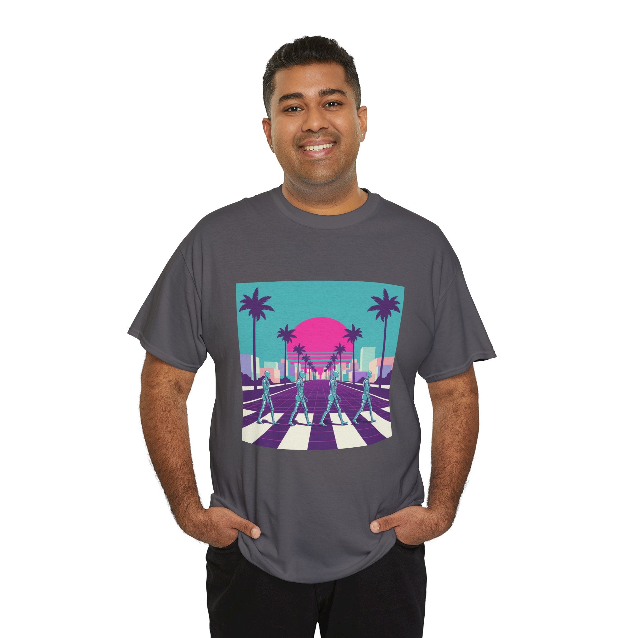Retro Sunset Beach Tee — Vaporwave Palm Tree Skate Crossing T-Shirt