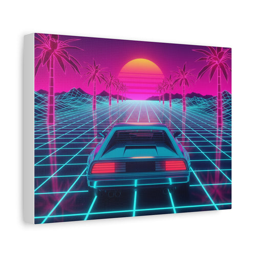 Canvas Wall Art — Retro 80s Synthwave Car Sunset