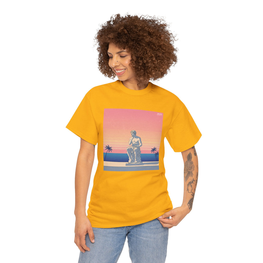 Retro Sunset Statue T-Shirt — Vaporwave Beach Graphic Tee