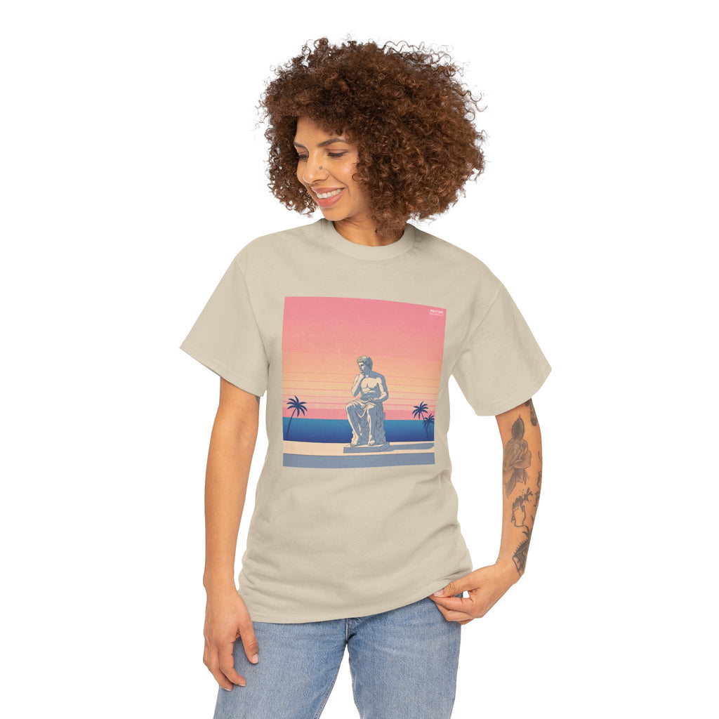 Retro Sunset Statue T-Shirt — Vaporwave Beach Graphic Tee