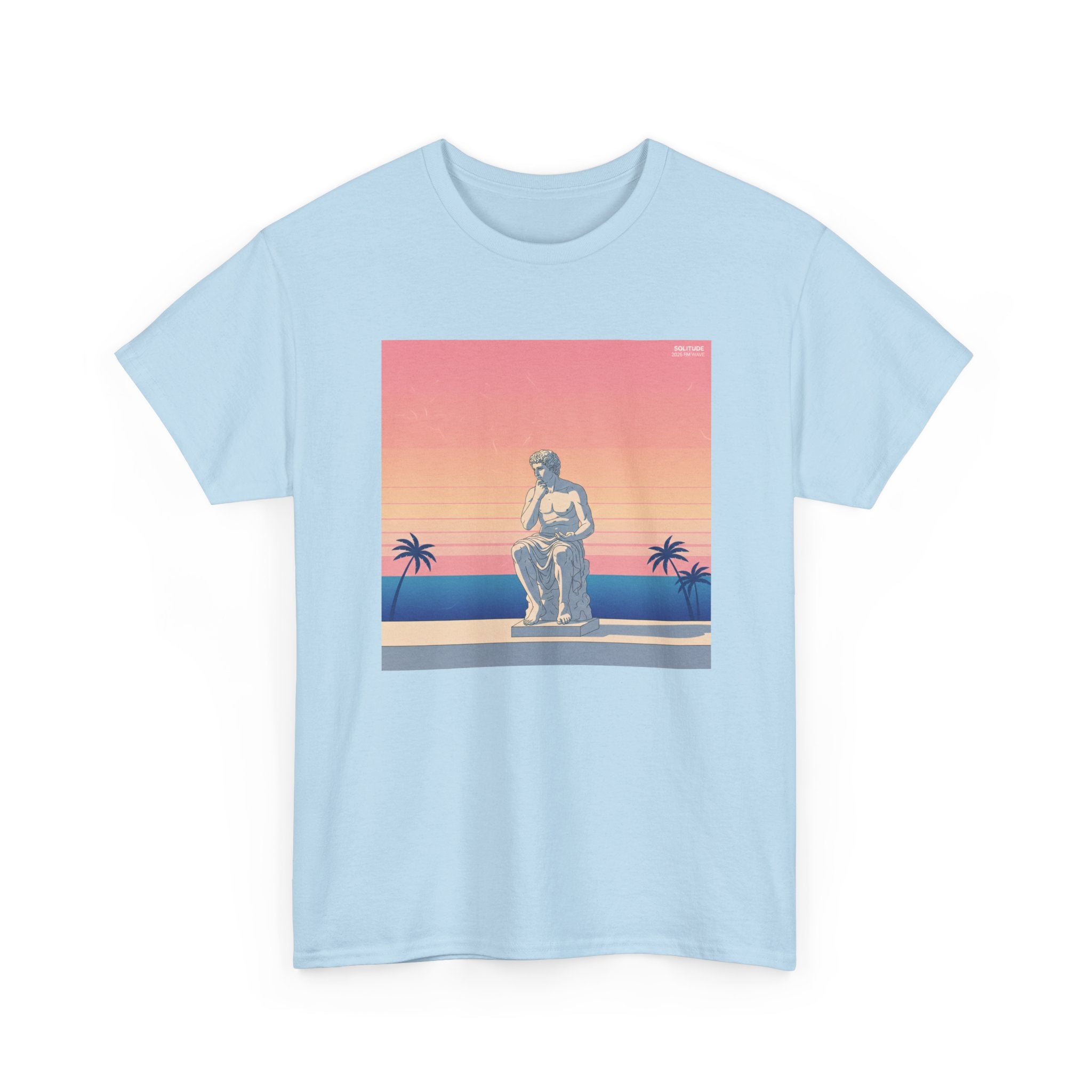 Retro Sunset Statue T-Shirt — Vaporwave Beach Graphic Tee