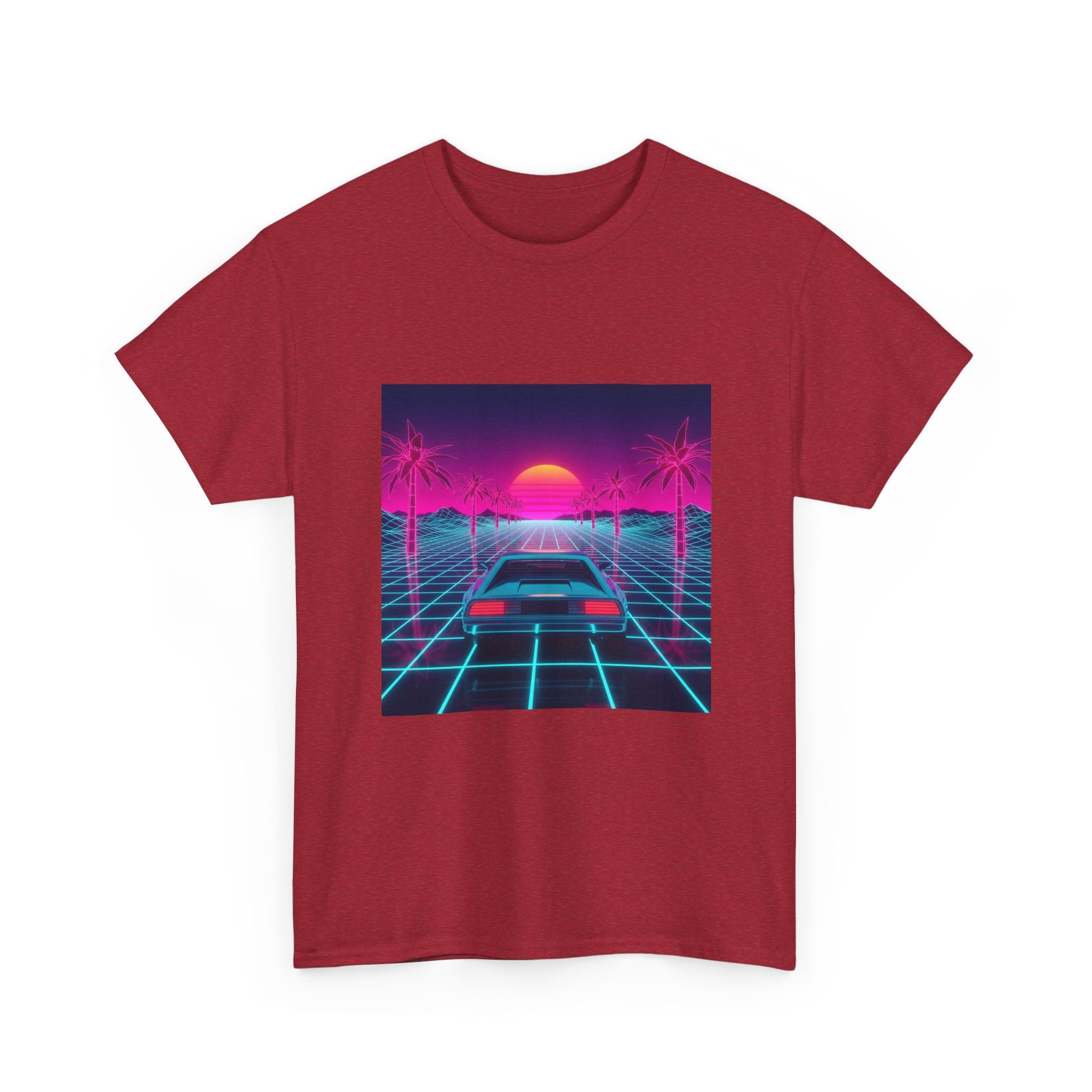 Vaporwave Sunset Drive Tee | Retro 80s Neon Car Grid Palm Trees
