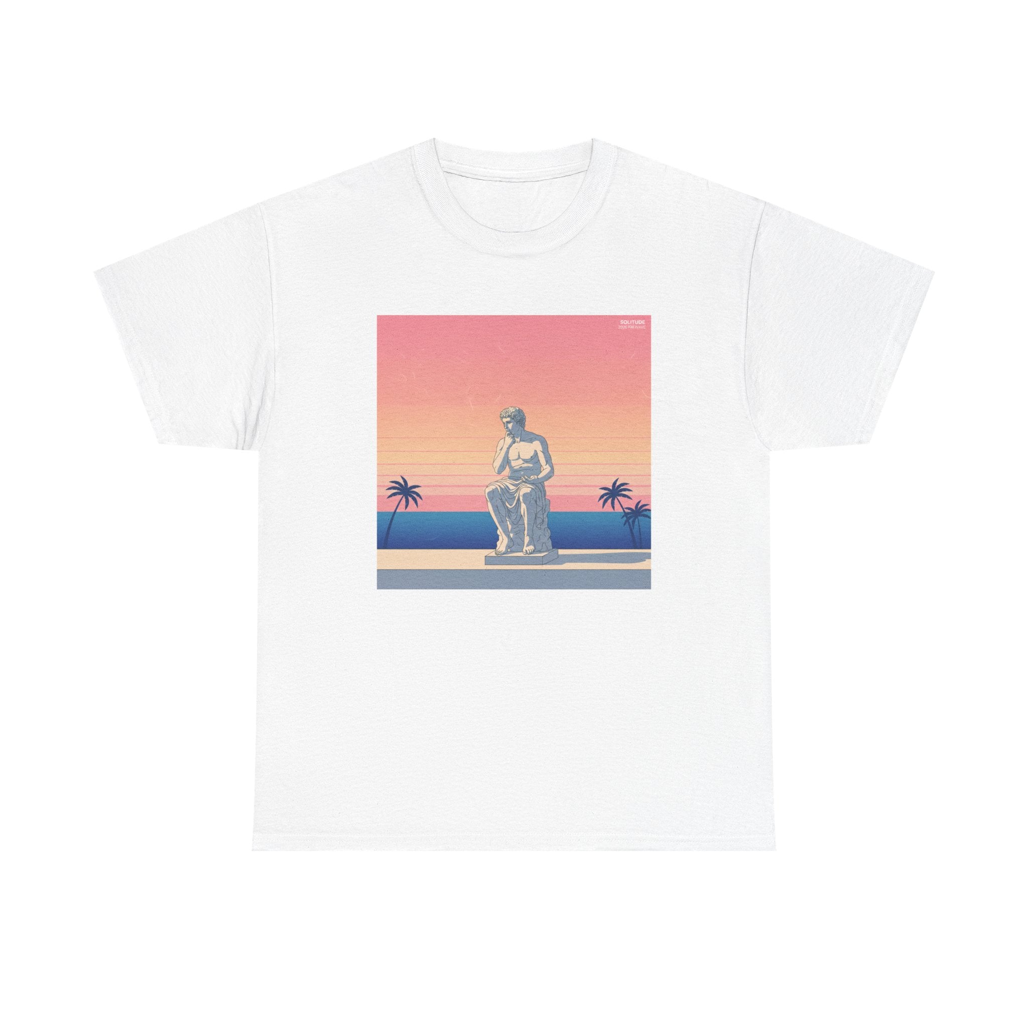 Retro Sunset Statue T-Shirt — Vaporwave Beach Graphic Tee