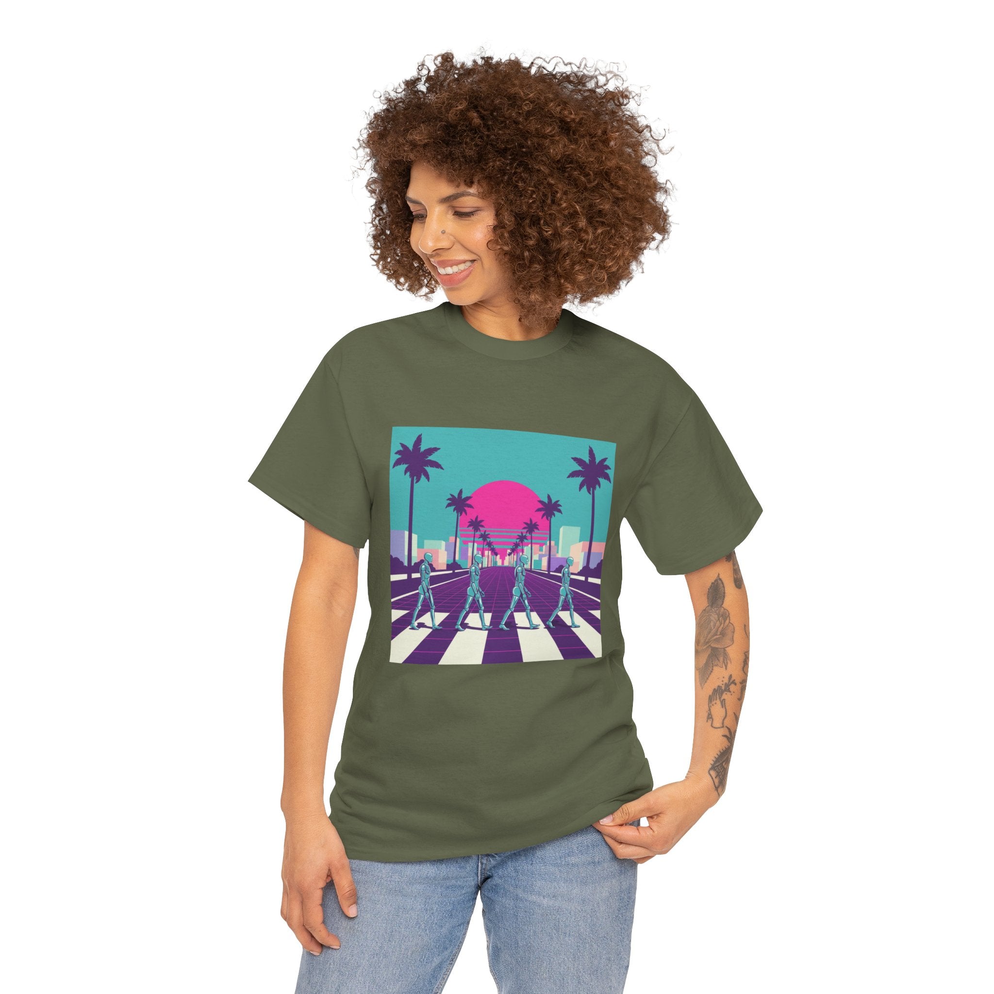 Retro Sunset Beach Tee — Vaporwave Palm Tree Skate Crossing T-Shirt