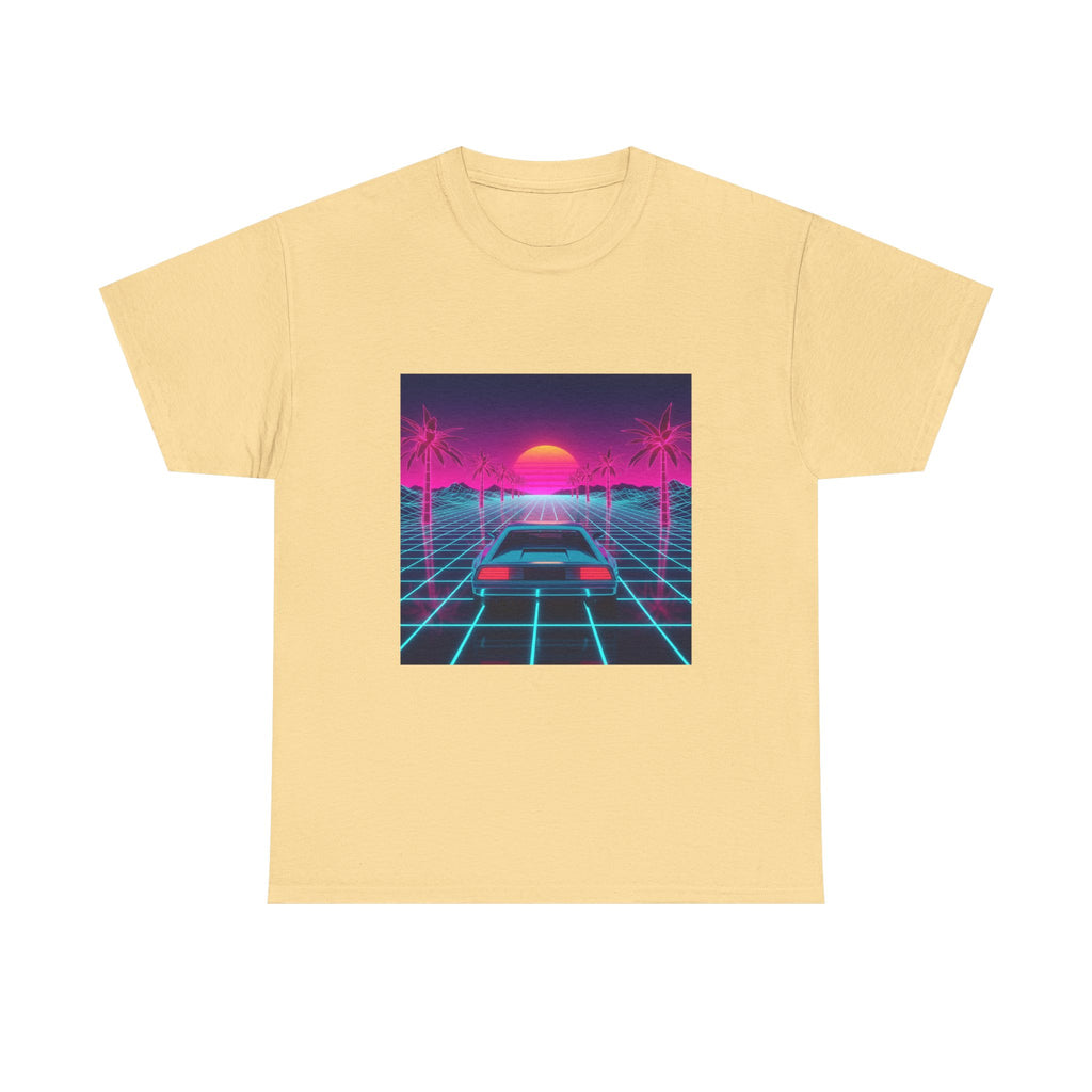 Vaporwave Sunset Drive Tee | Retro 80s Neon Car Grid Palm Trees