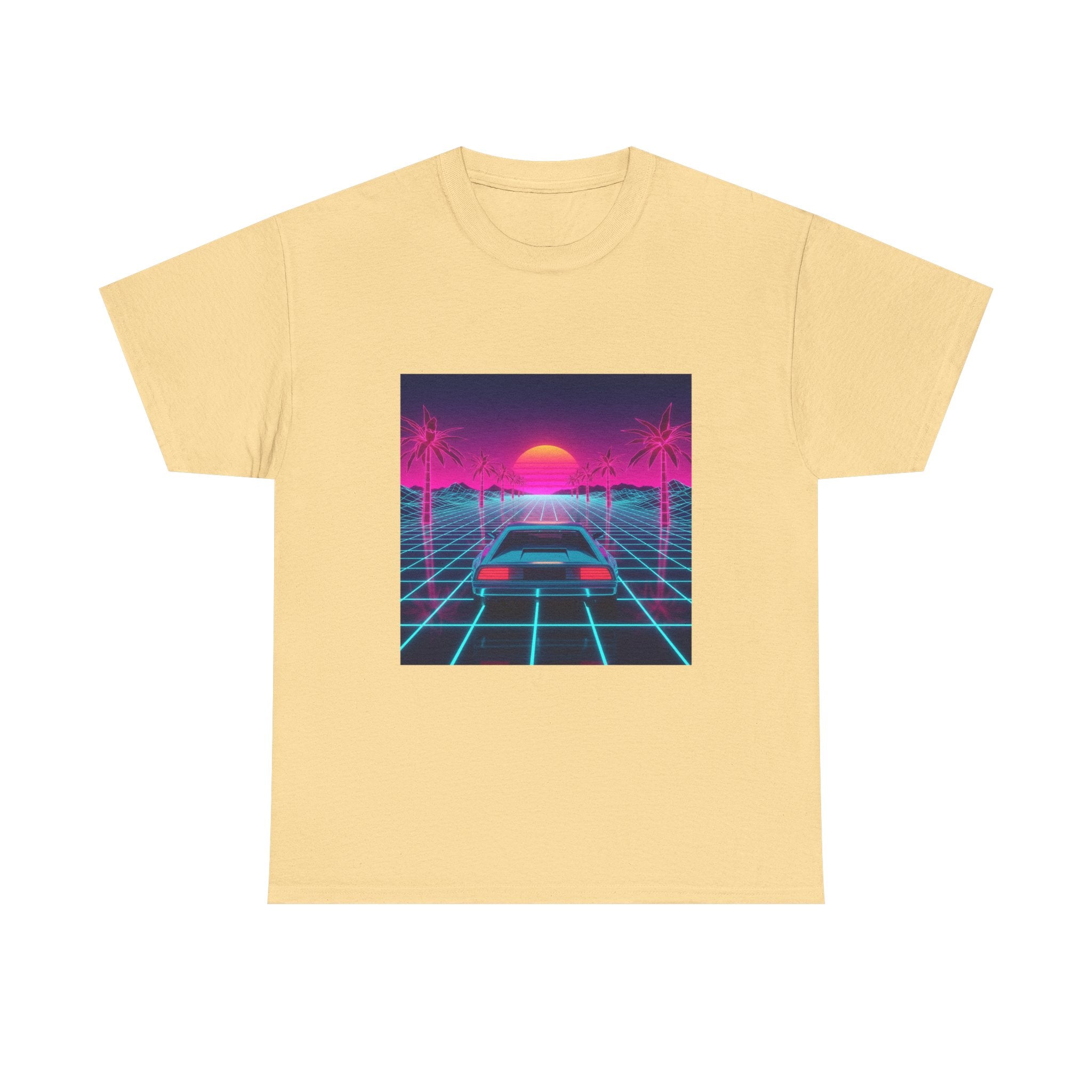 Vaporwave Sunset Drive Tee | Retro 80s Neon Car Grid Palm Trees
