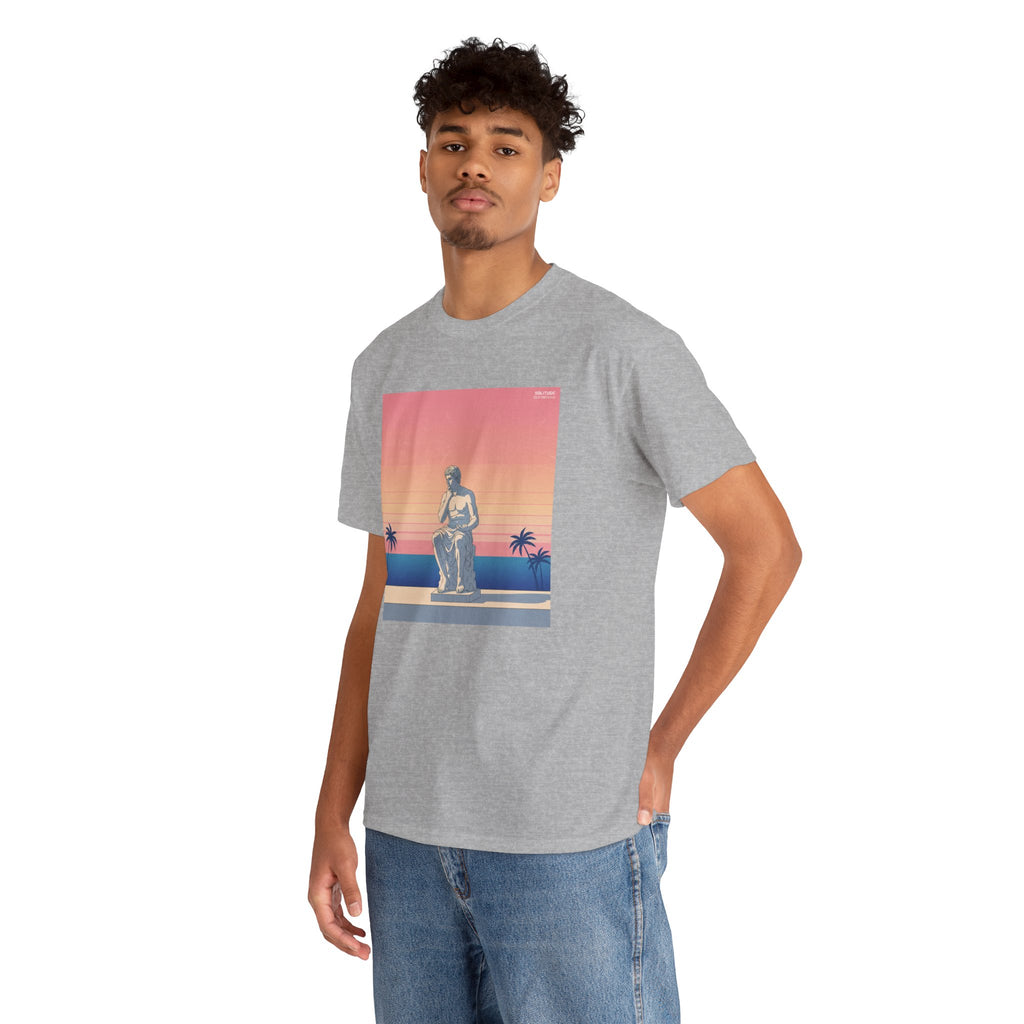 Retro Sunset Statue T-Shirt — Vaporwave Beach Graphic Tee
