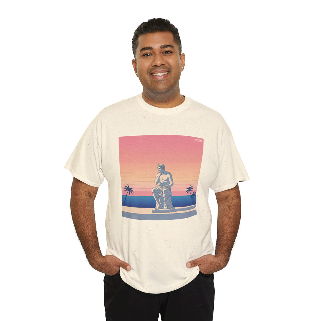 Retro Sunset Statue T-Shirt — Vaporwave Beach Graphic Tee
