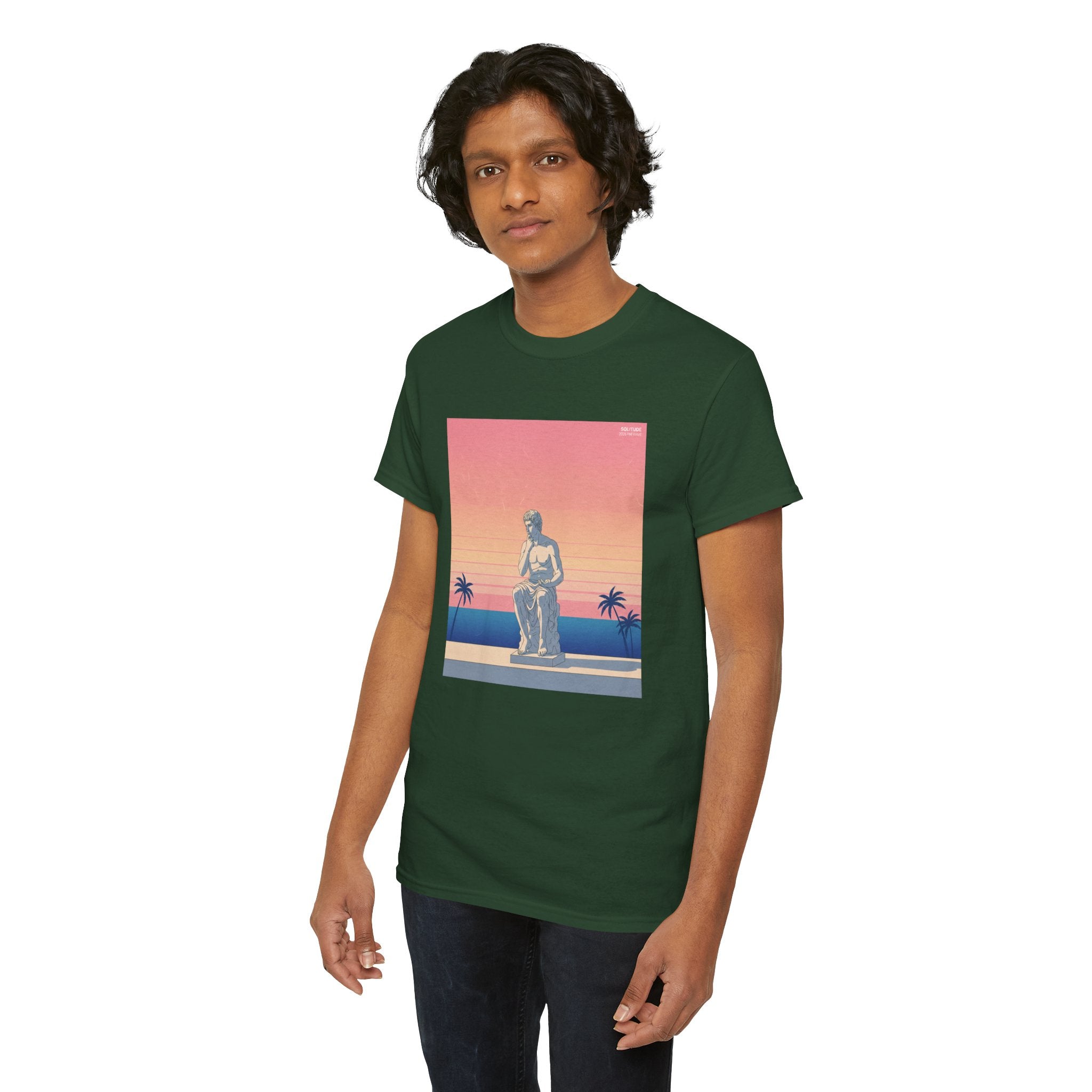 Retro Sunset Statue T-Shirt — Vaporwave Beach Graphic Tee