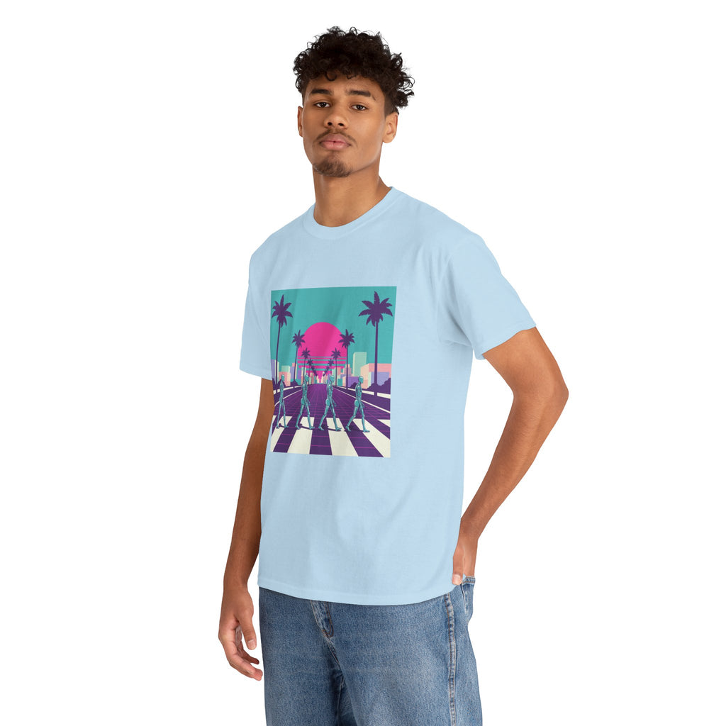 Retro Sunset Beach Tee — Vaporwave Palm Tree Skate Crossing T-Shirt