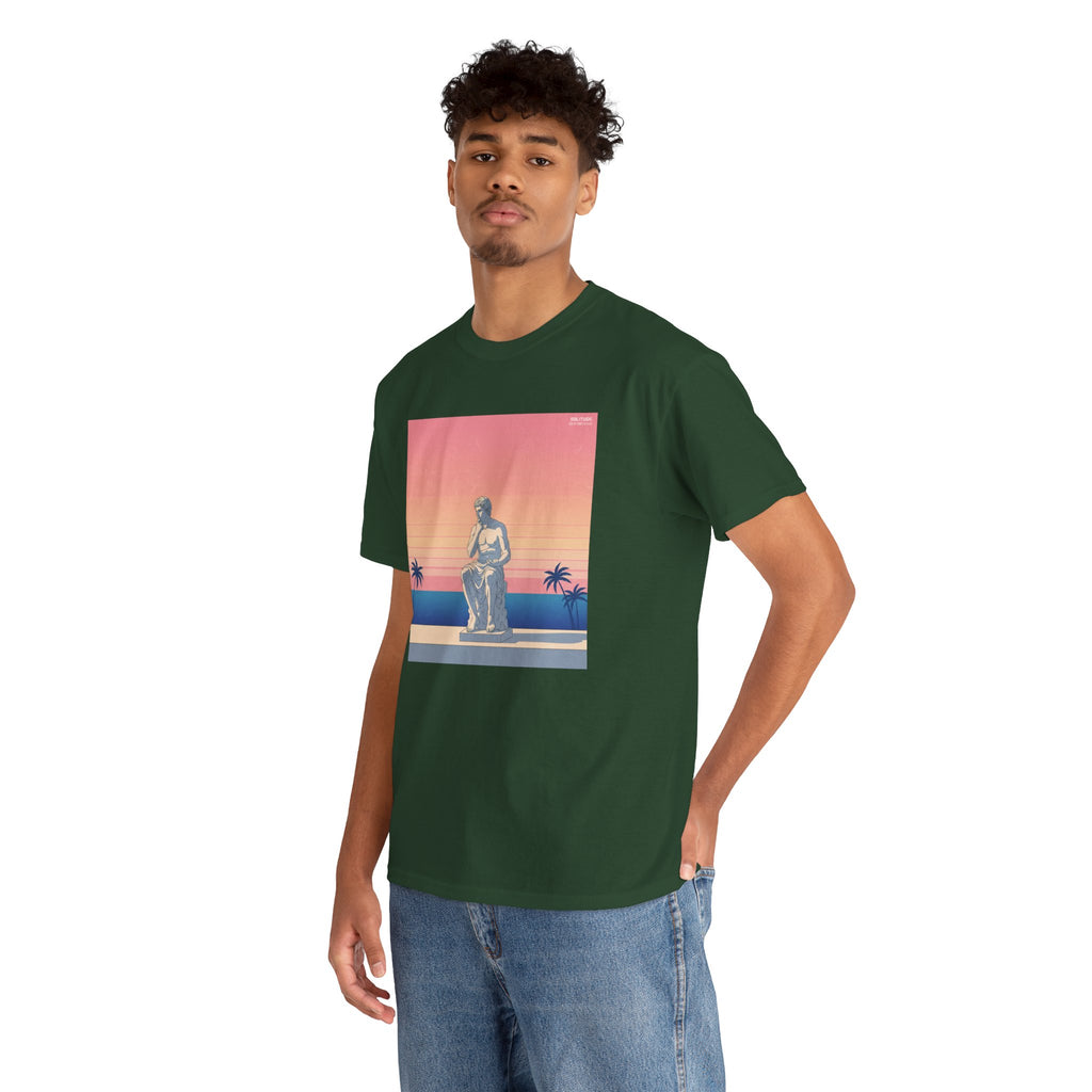 Retro Sunset Statue T-Shirt — Vaporwave Beach Graphic Tee