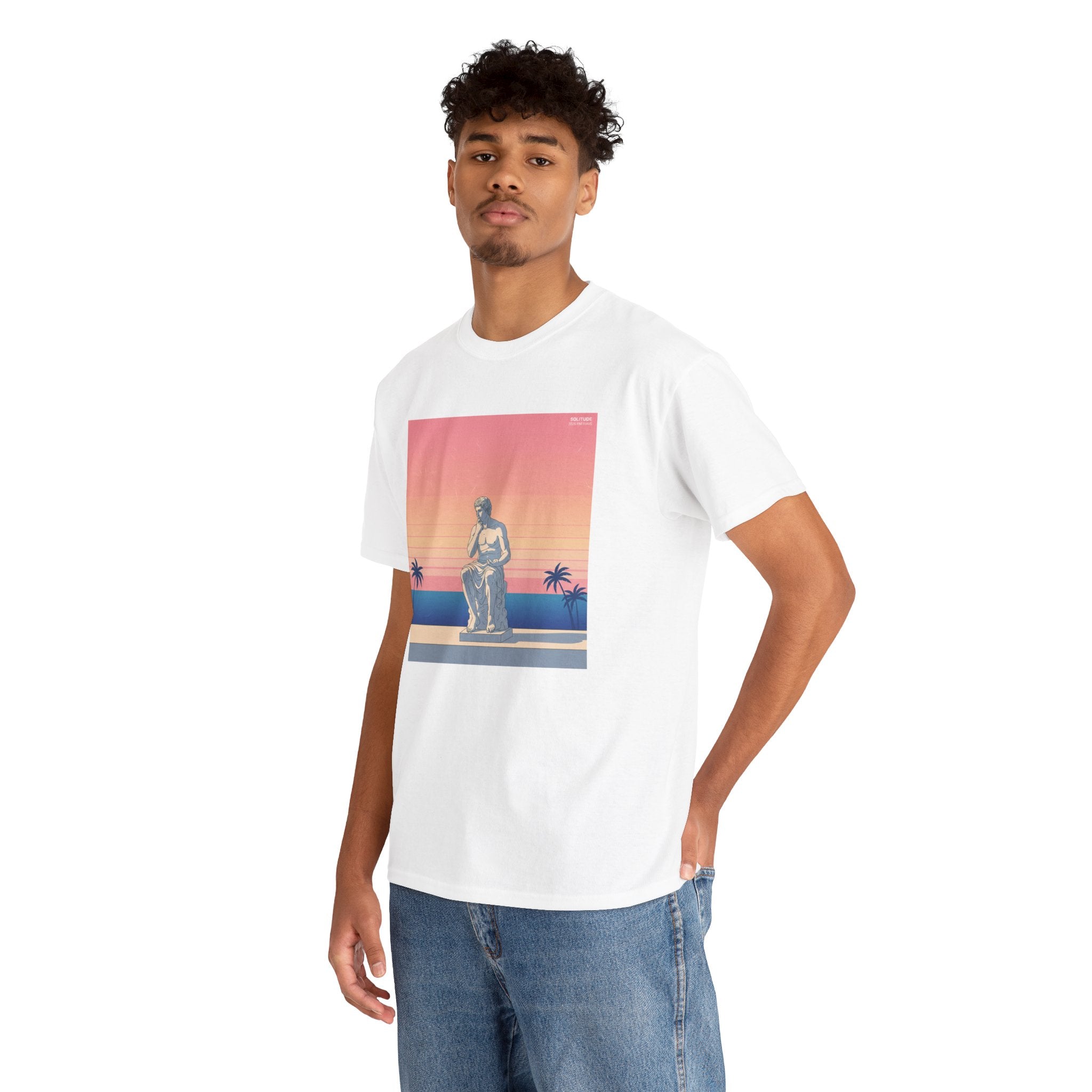 Retro Sunset Statue T-Shirt — Vaporwave Beach Graphic Tee