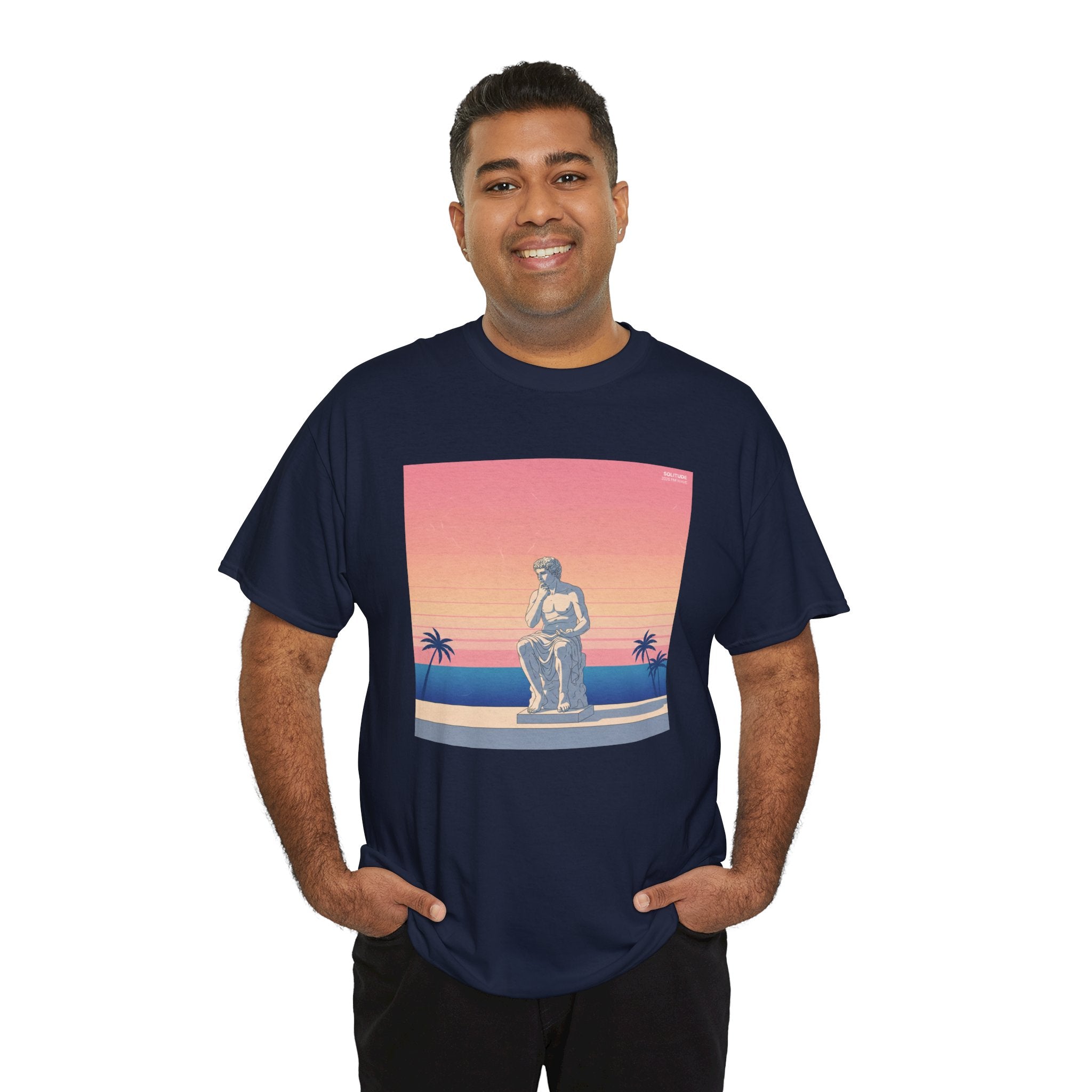 Retro Sunset Statue T-Shirt — Vaporwave Beach Graphic Tee
