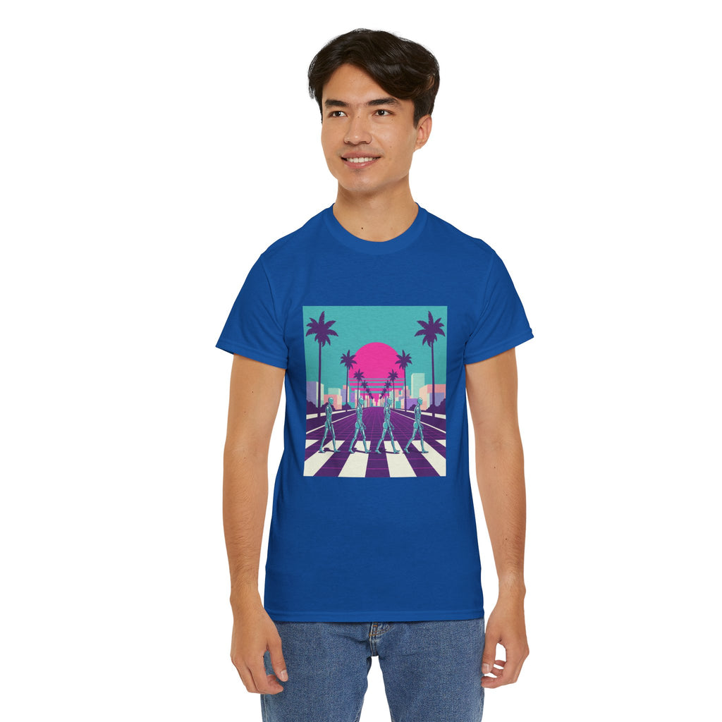 Retro Sunset Beach Tee — Vaporwave Palm Tree Skate Crossing T-Shirt