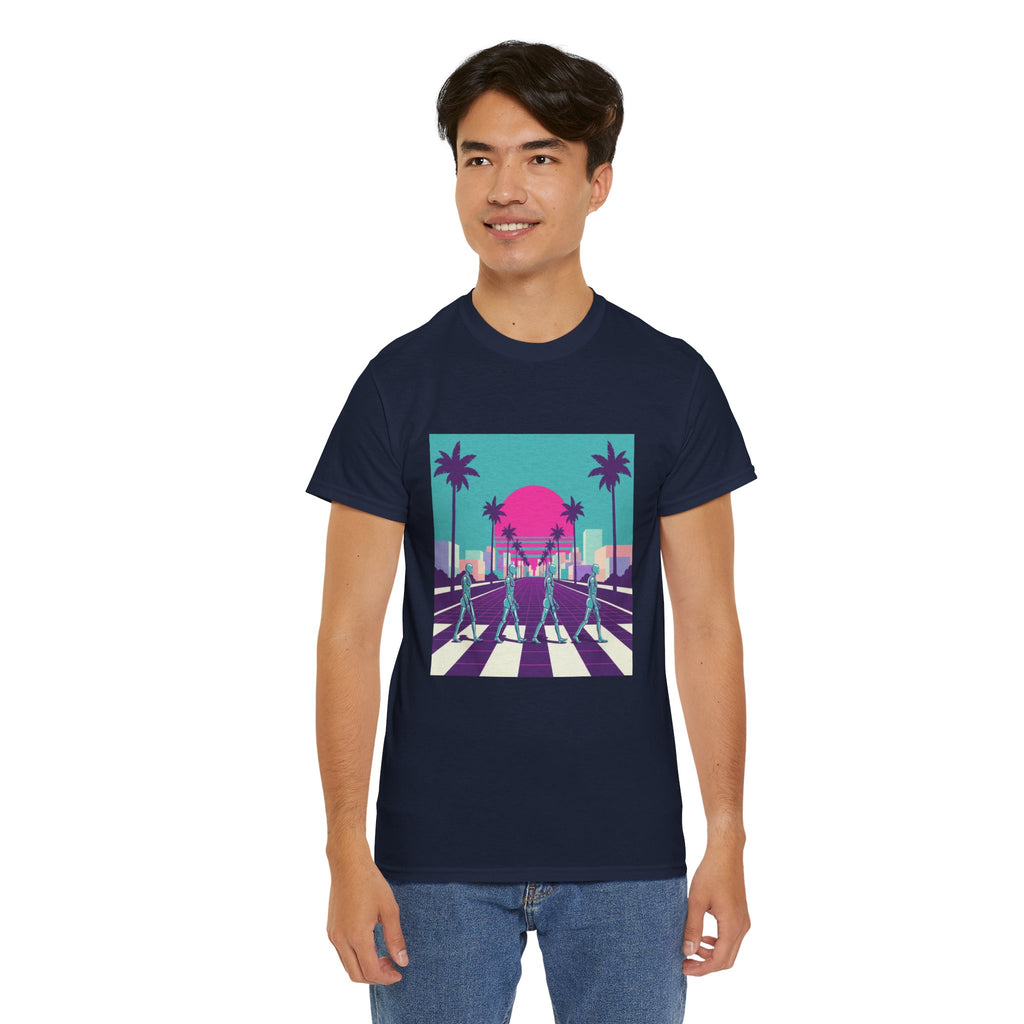 Retro Sunset Beach Tee — Vaporwave Palm Tree Skate Crossing T-Shirt