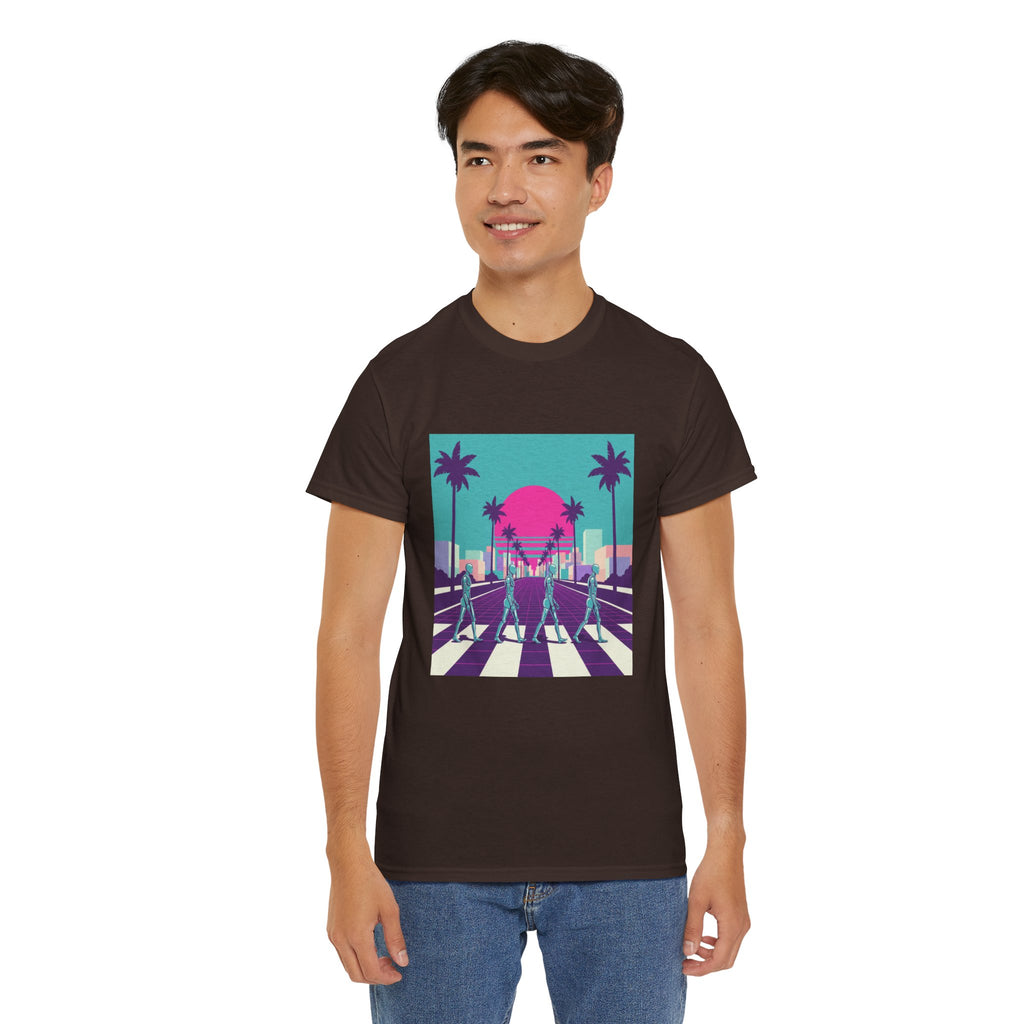 Retro Sunset Beach Tee — Vaporwave Palm Tree Skate Crossing T-Shirt