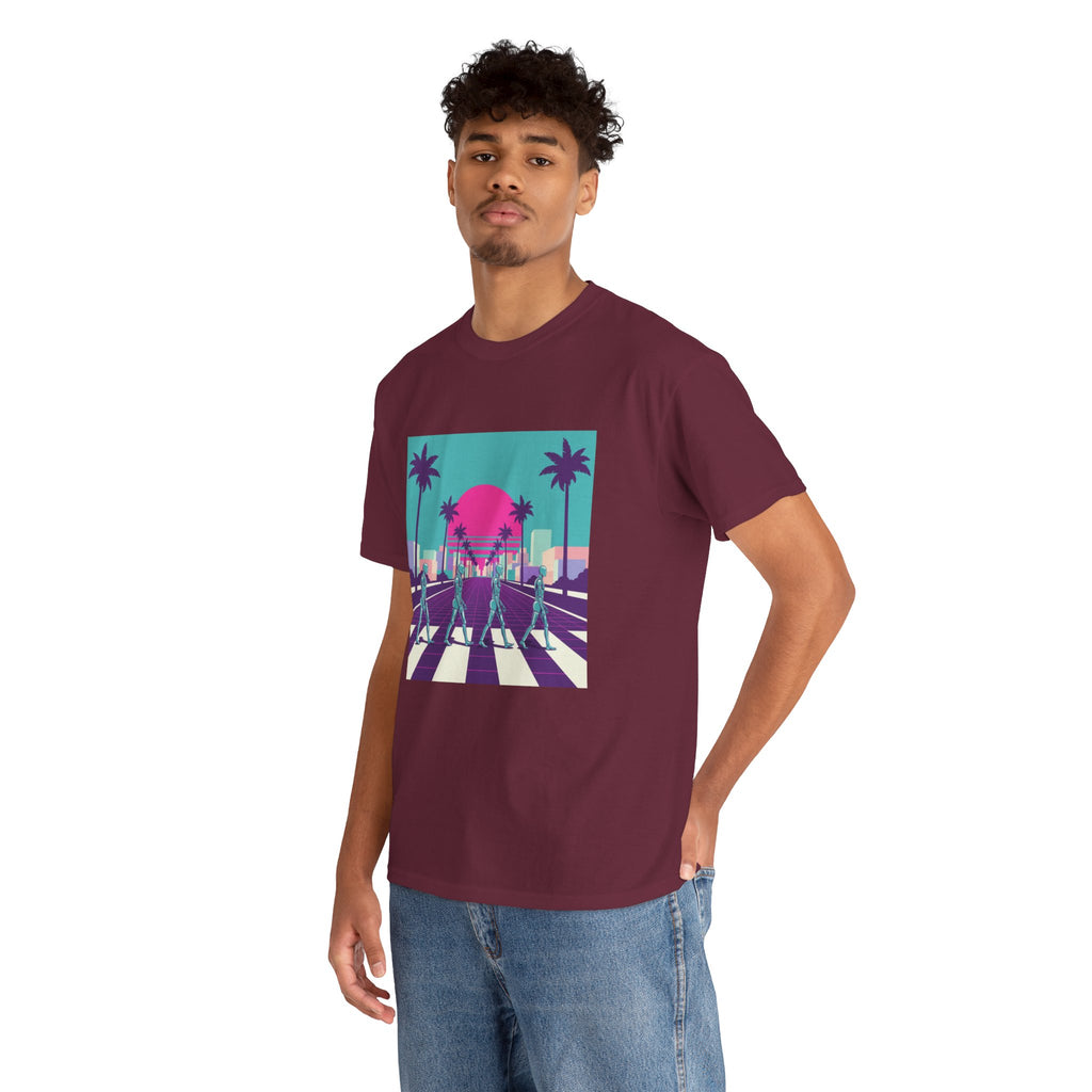 Retro Sunset Beach Tee — Vaporwave Palm Tree Skate Crossing T-Shirt