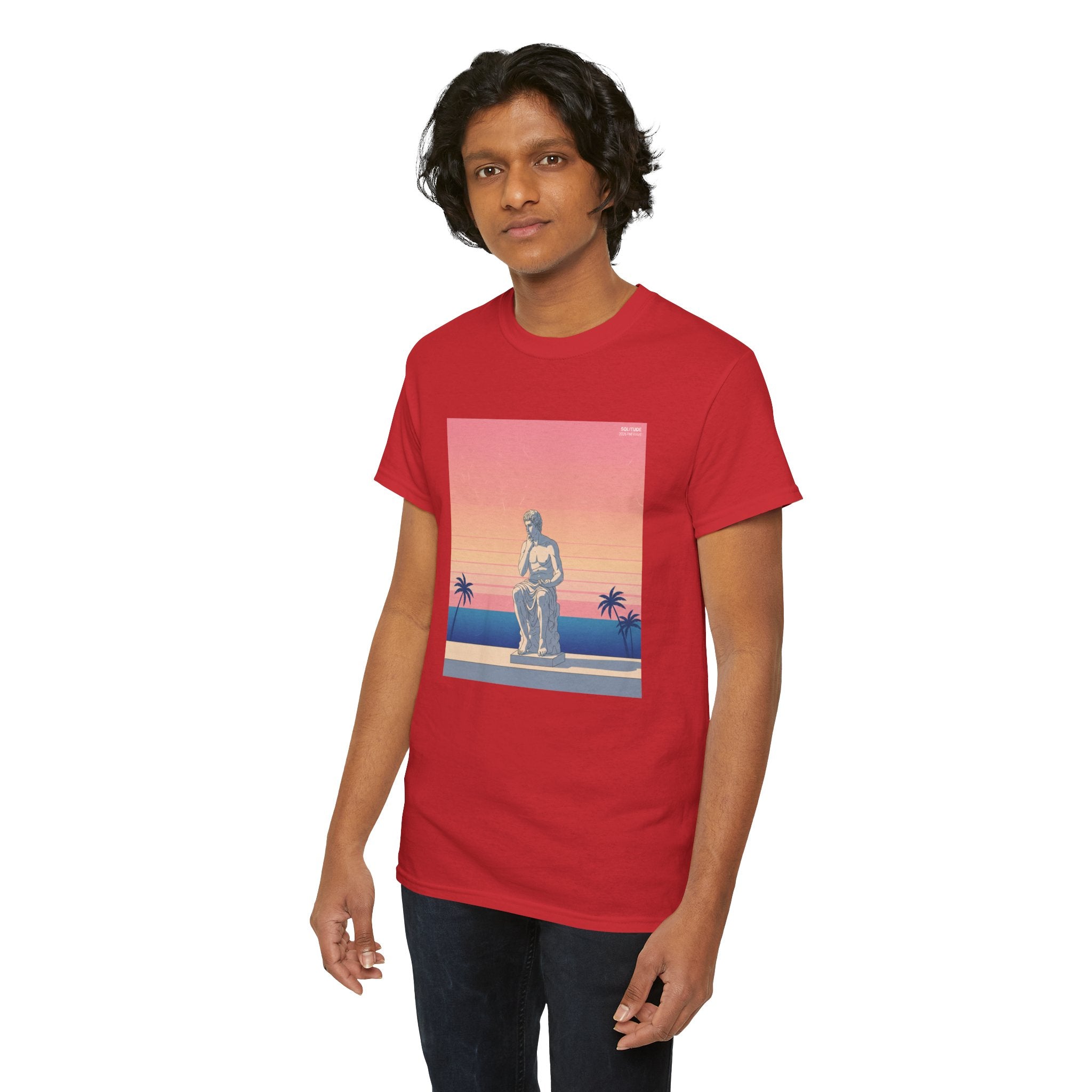 Retro Sunset Statue T-Shirt — Vaporwave Beach Graphic Tee