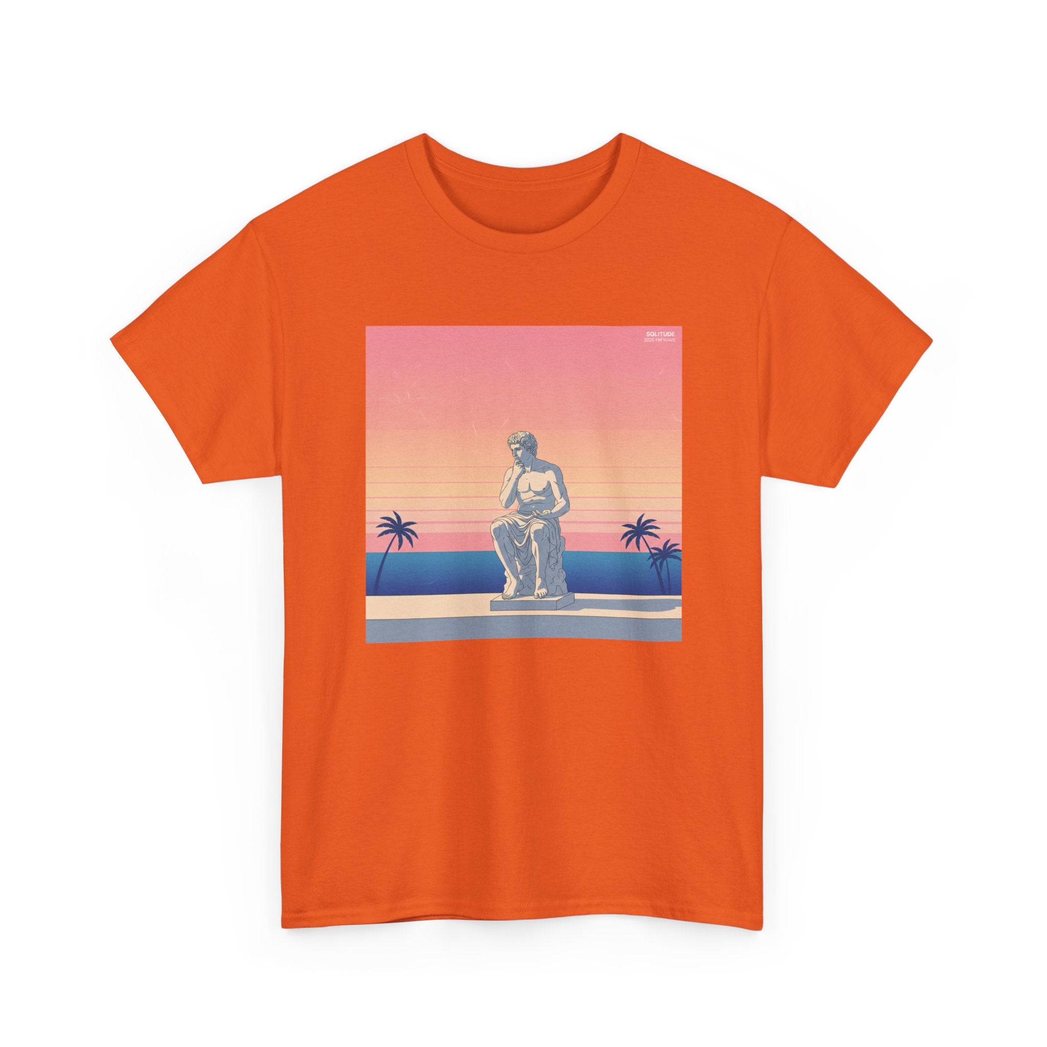 Retro Sunset Statue T-Shirt — Vaporwave Beach Graphic Tee