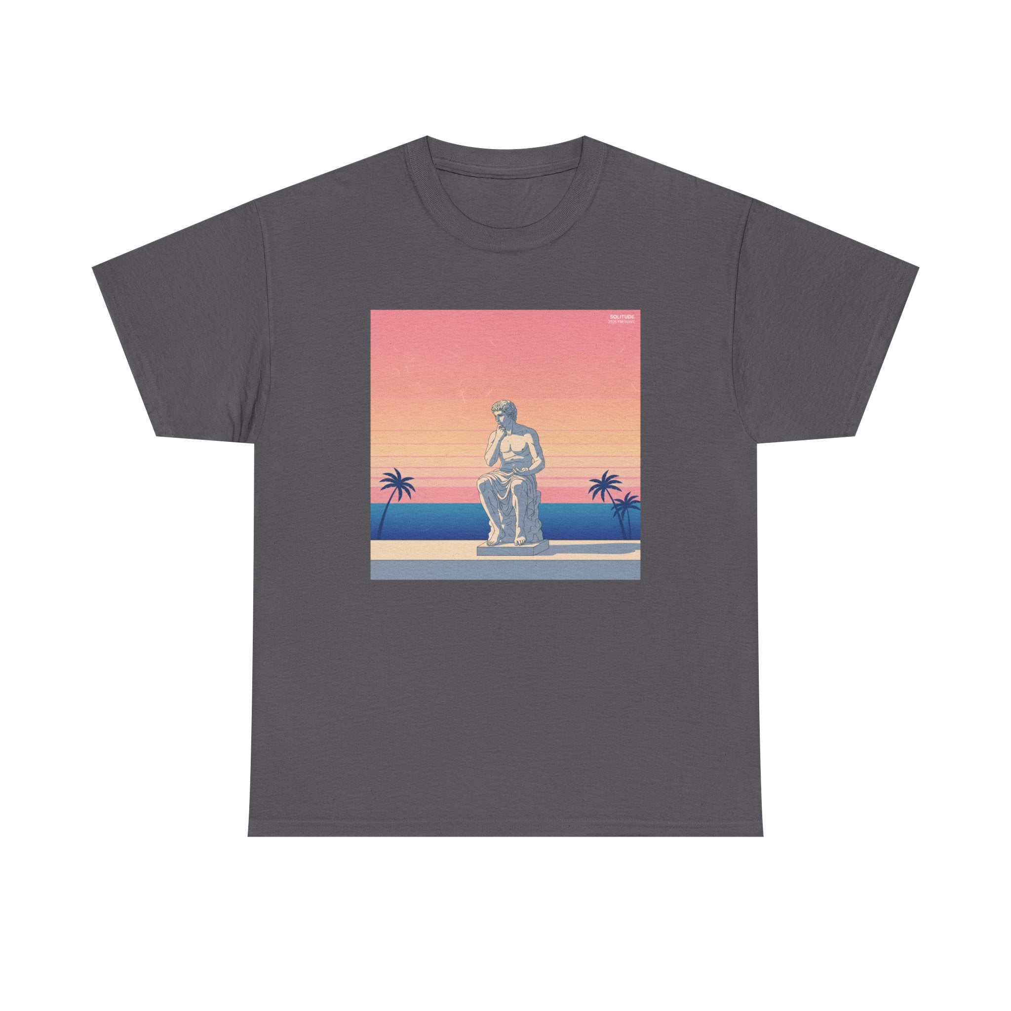 Retro Sunset Statue T-Shirt — Vaporwave Beach Graphic Tee
