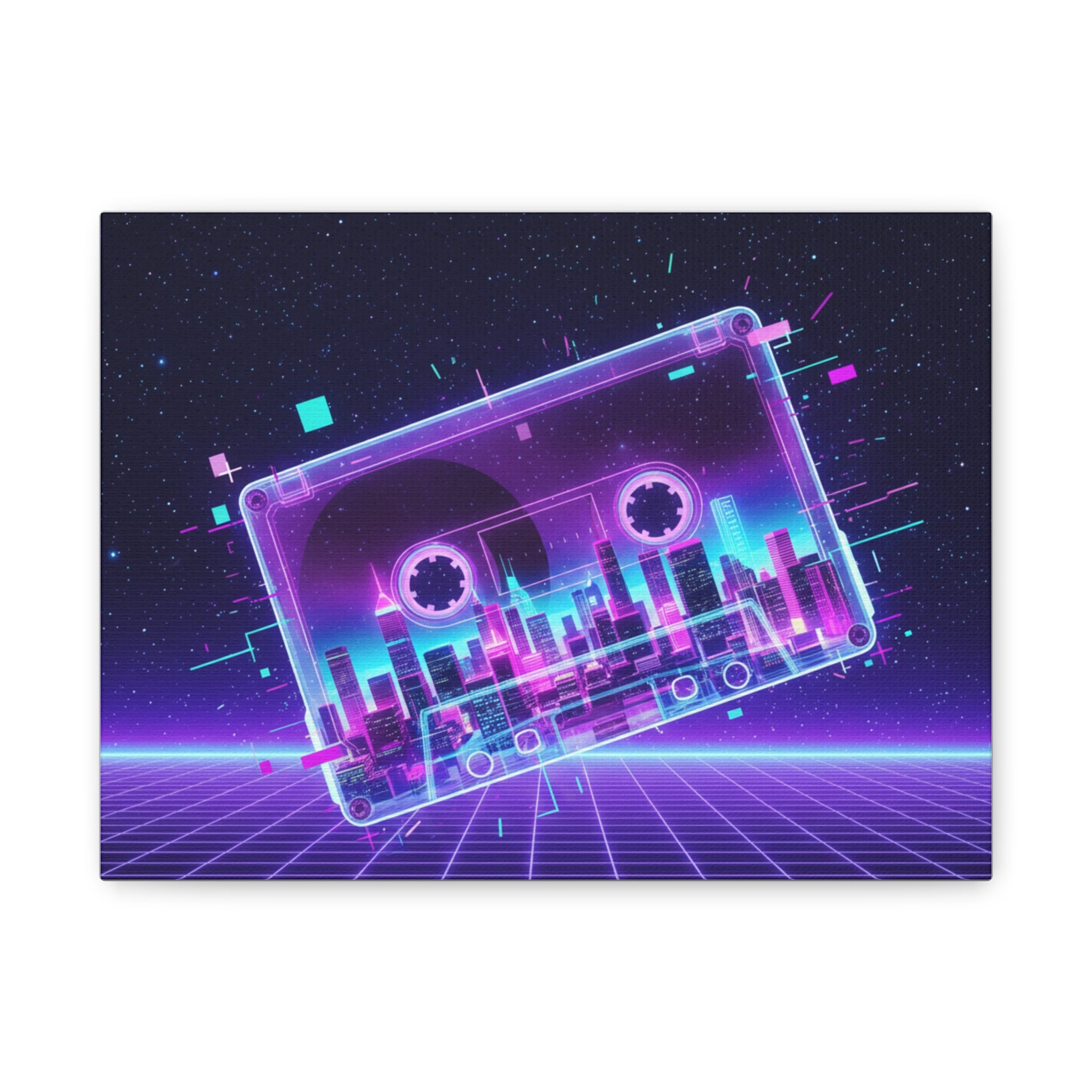 Retro Cassette City Canvas Print — 80s Synthwave Wall Art