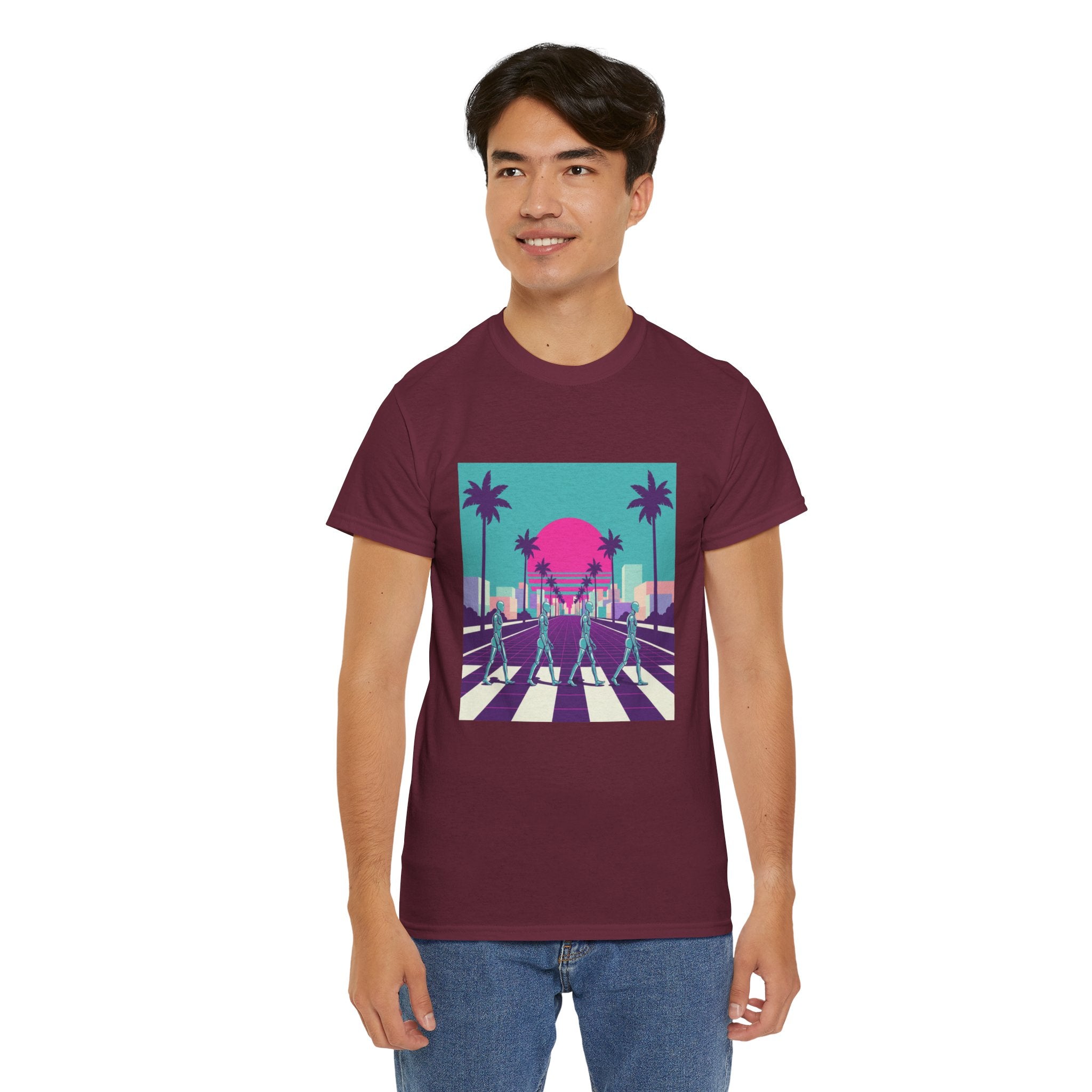 Retro Sunset Beach Tee — Vaporwave Palm Tree Skate Crossing T-Shirt