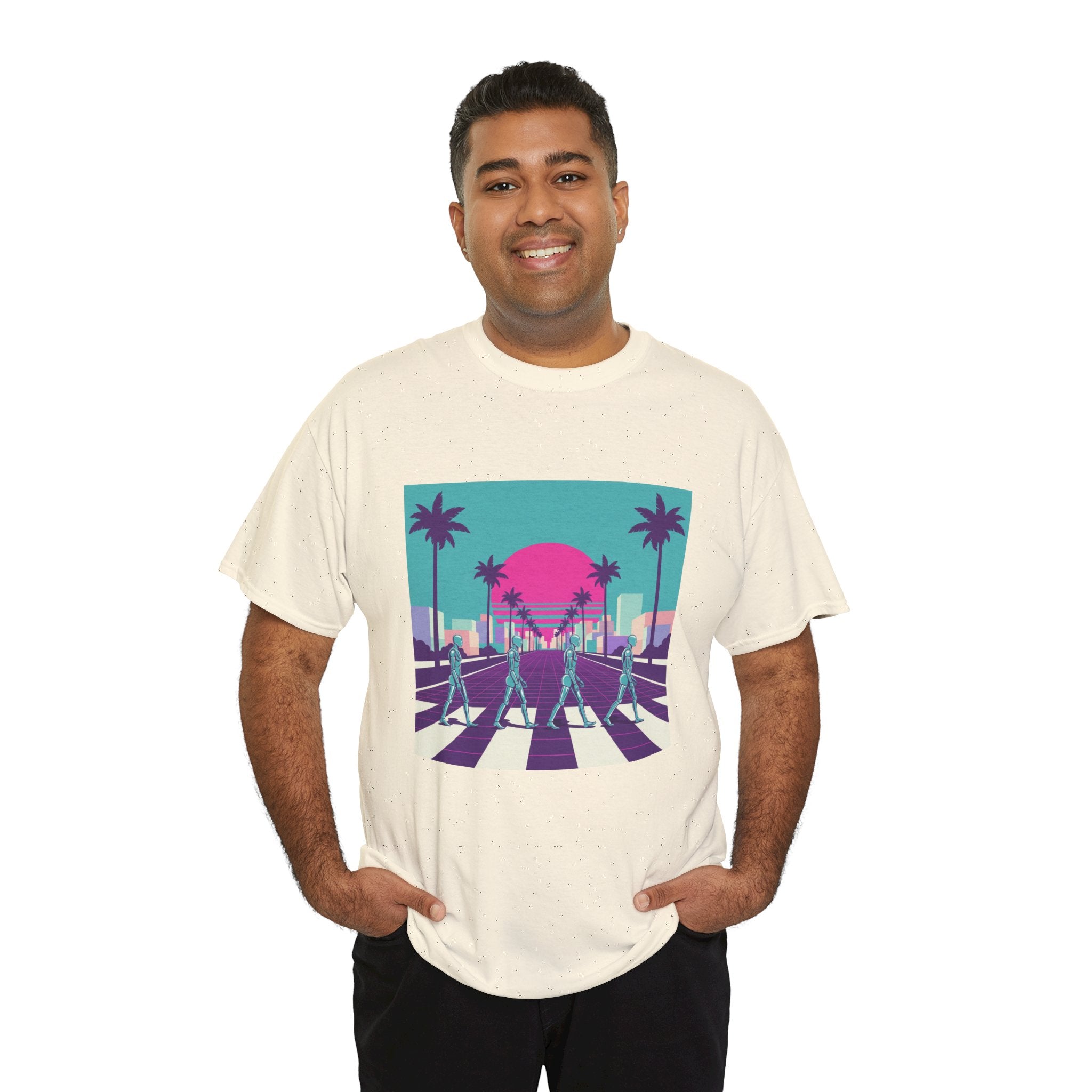 Retro Sunset Beach Tee — Vaporwave Palm Tree Skate Crossing T-Shirt