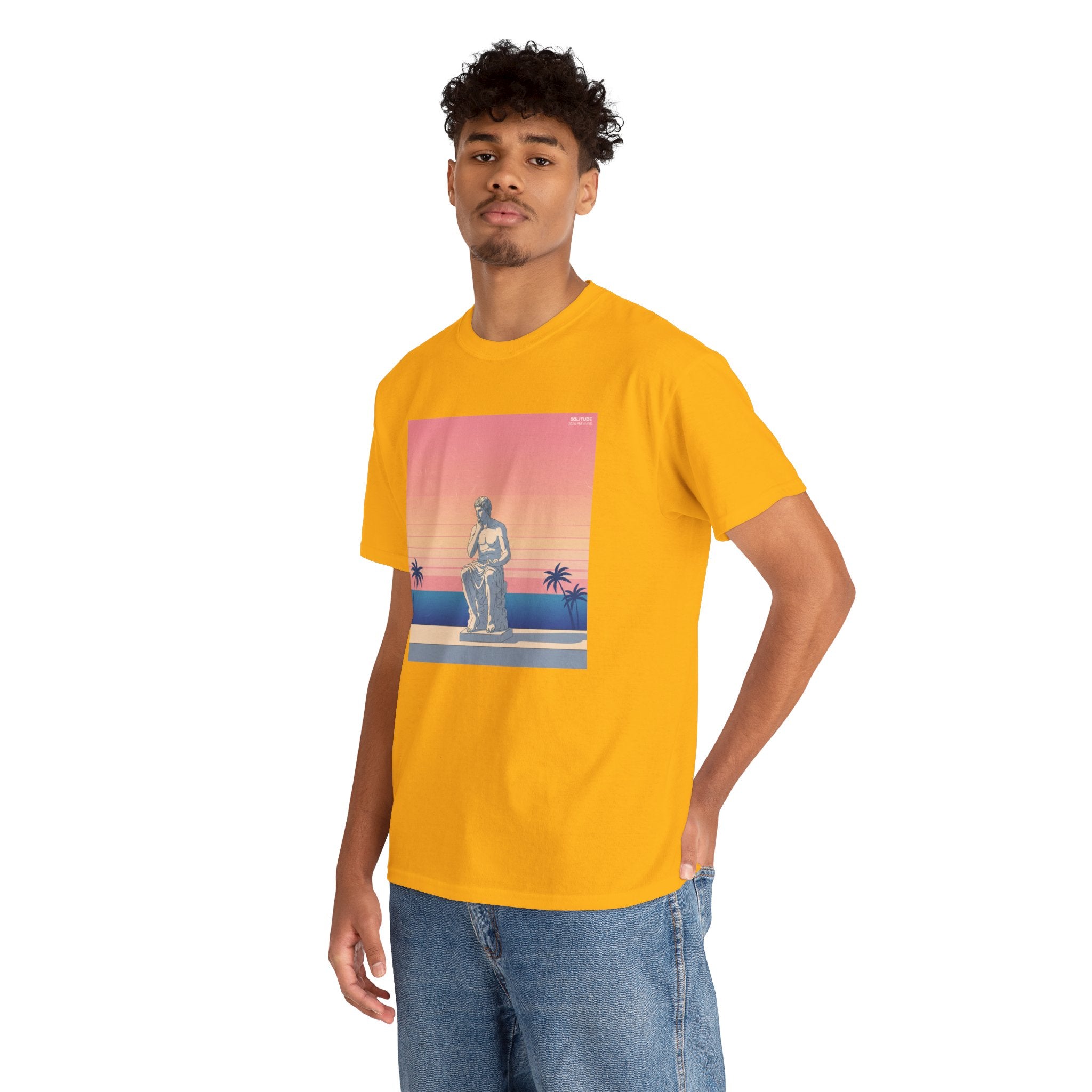 Retro Sunset Statue T-Shirt — Vaporwave Beach Graphic Tee