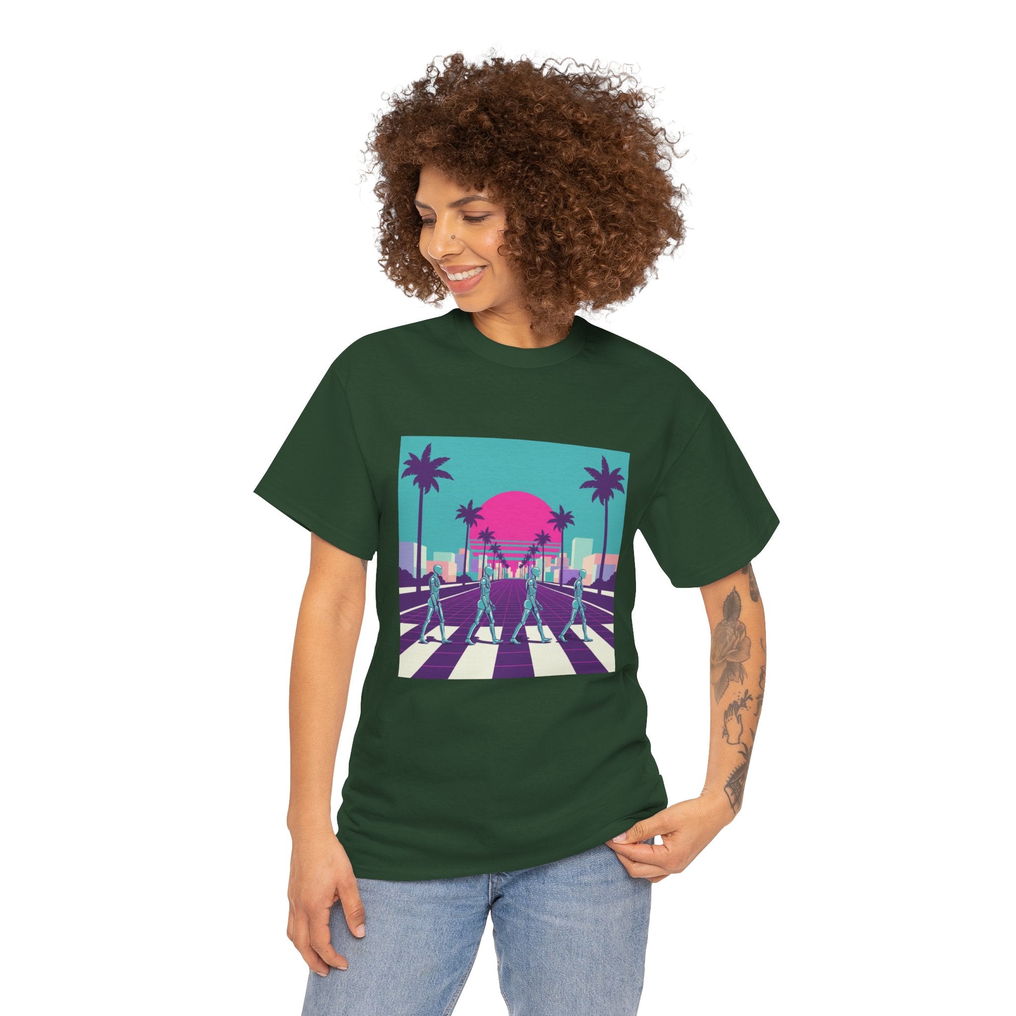 Retro Sunset Beach Tee — Vaporwave Palm Tree Skate Crossing T-Shirt