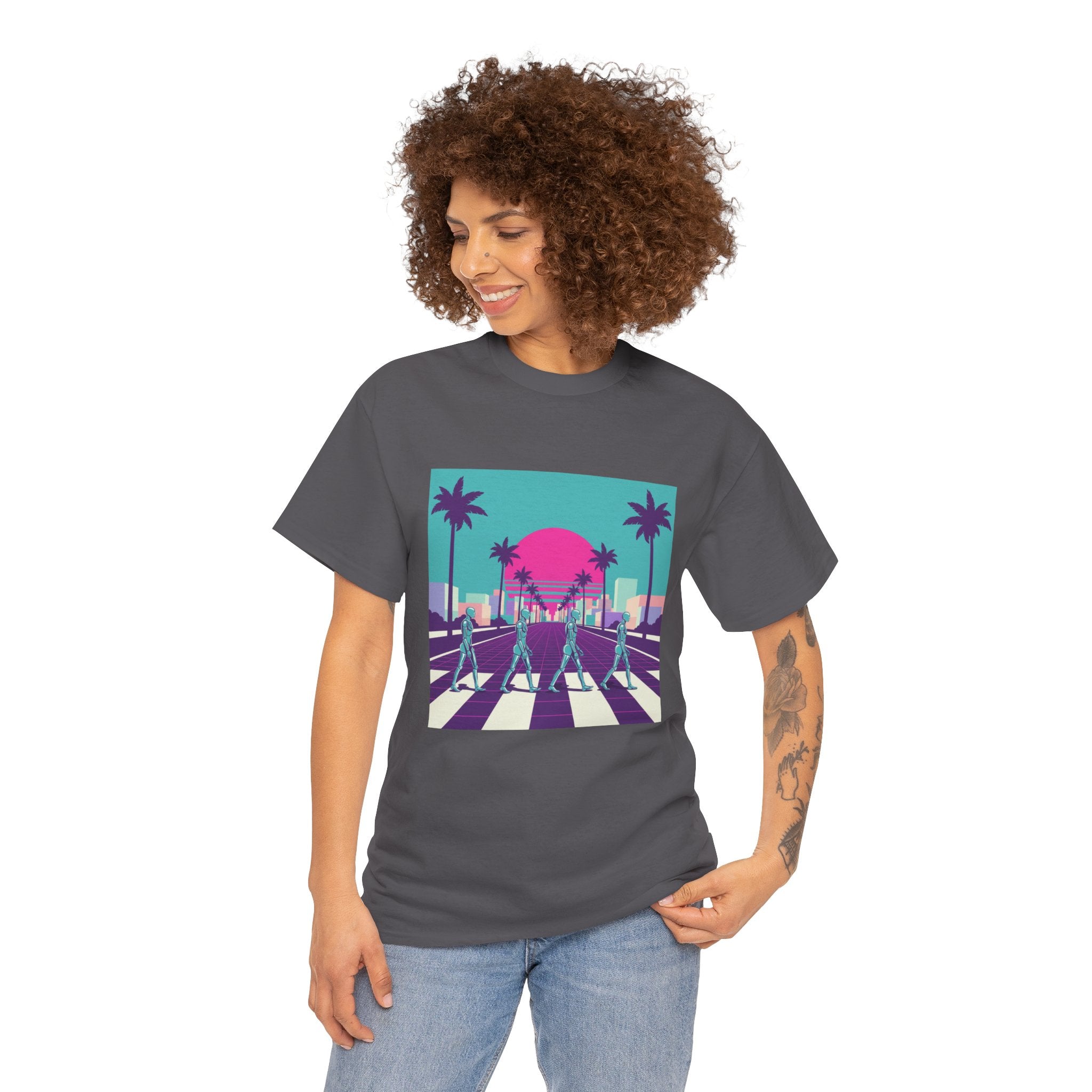 Retro Sunset Beach Tee — Vaporwave Palm Tree Skate Crossing T-Shirt