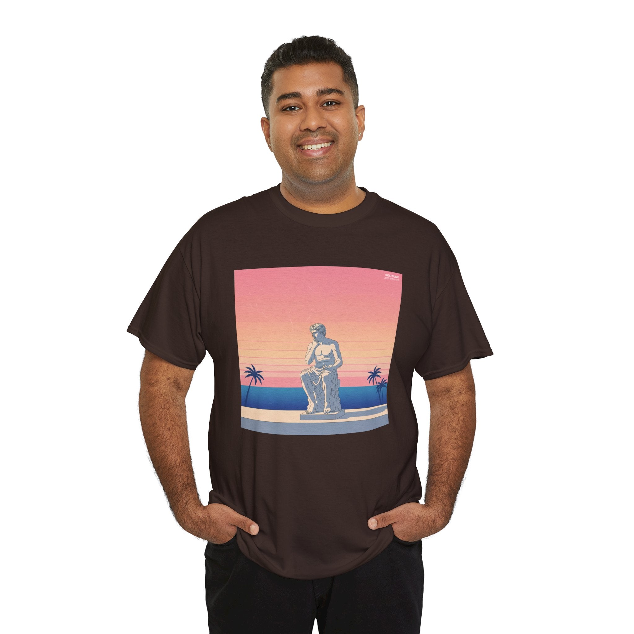 Retro Sunset Statue T-Shirt — Vaporwave Beach Graphic Tee