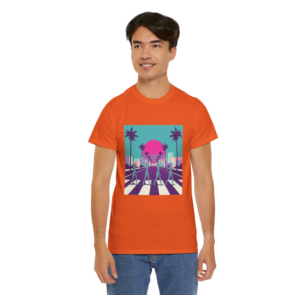 Retro Sunset Beach Tee — Vaporwave Palm Tree Skate Crossing T-Shirt