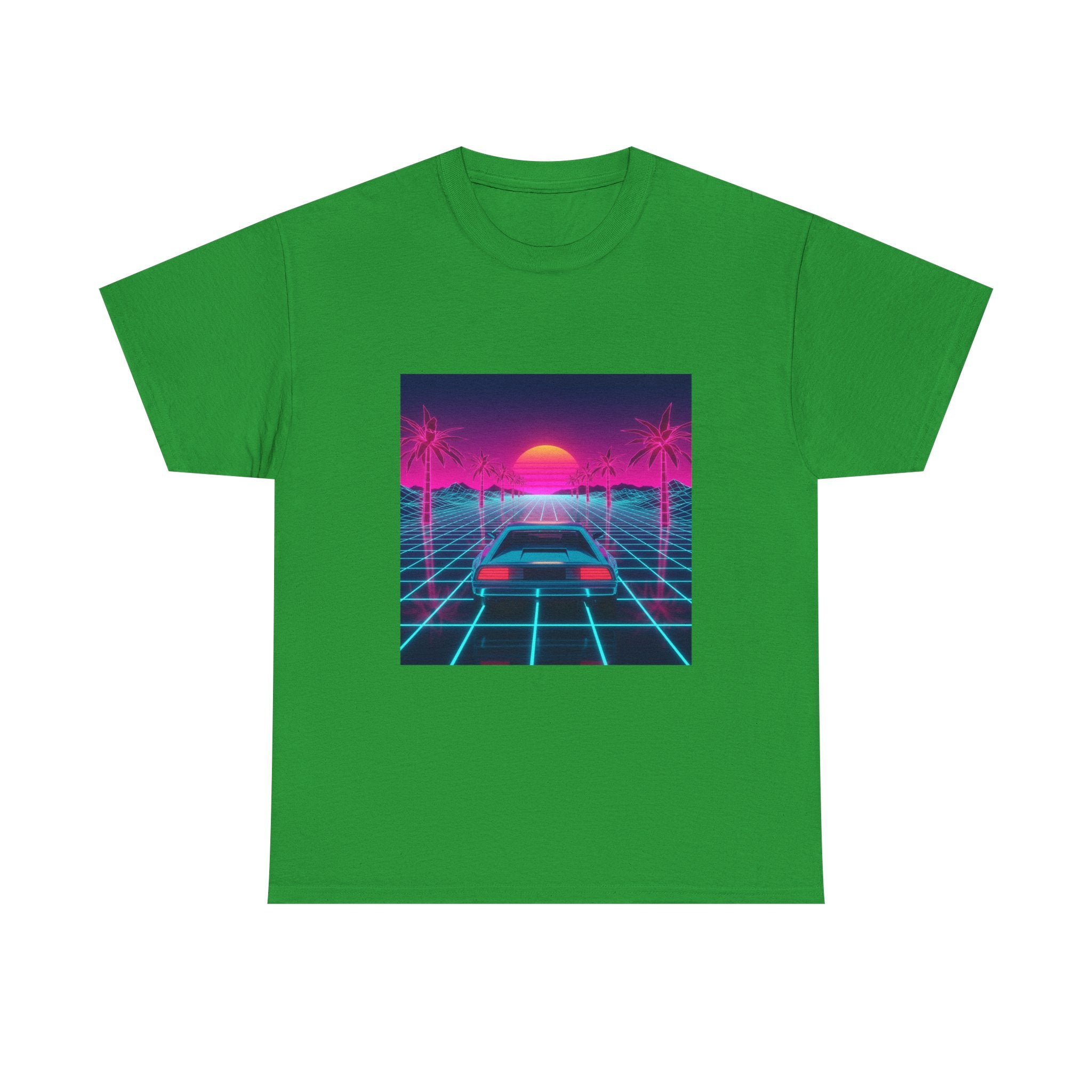 Vaporwave Sunset Drive Tee | Retro 80s Neon Car Grid Palm Trees