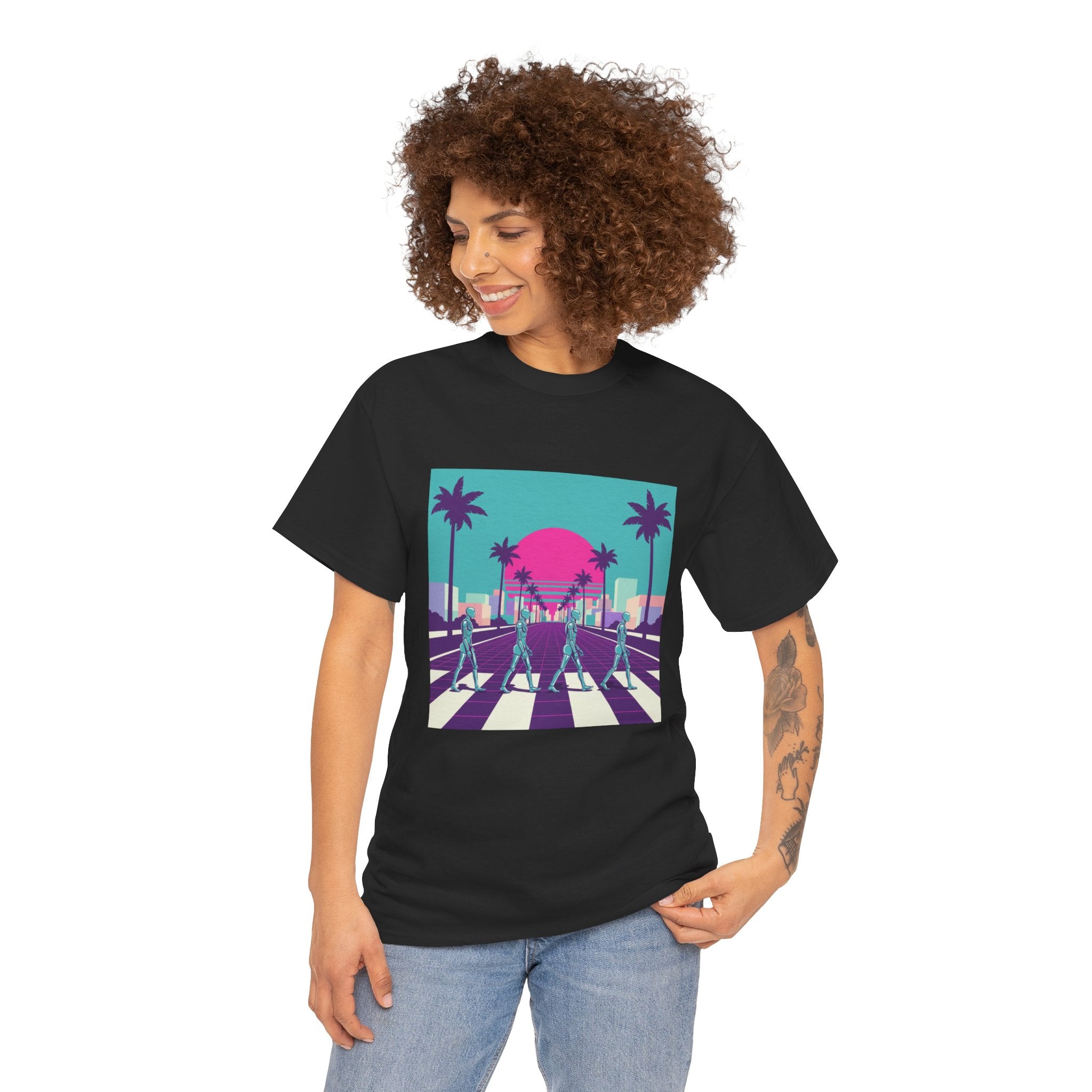 Retro Sunset Beach Tee — Vaporwave Palm Tree Skate Crossing T-Shirt