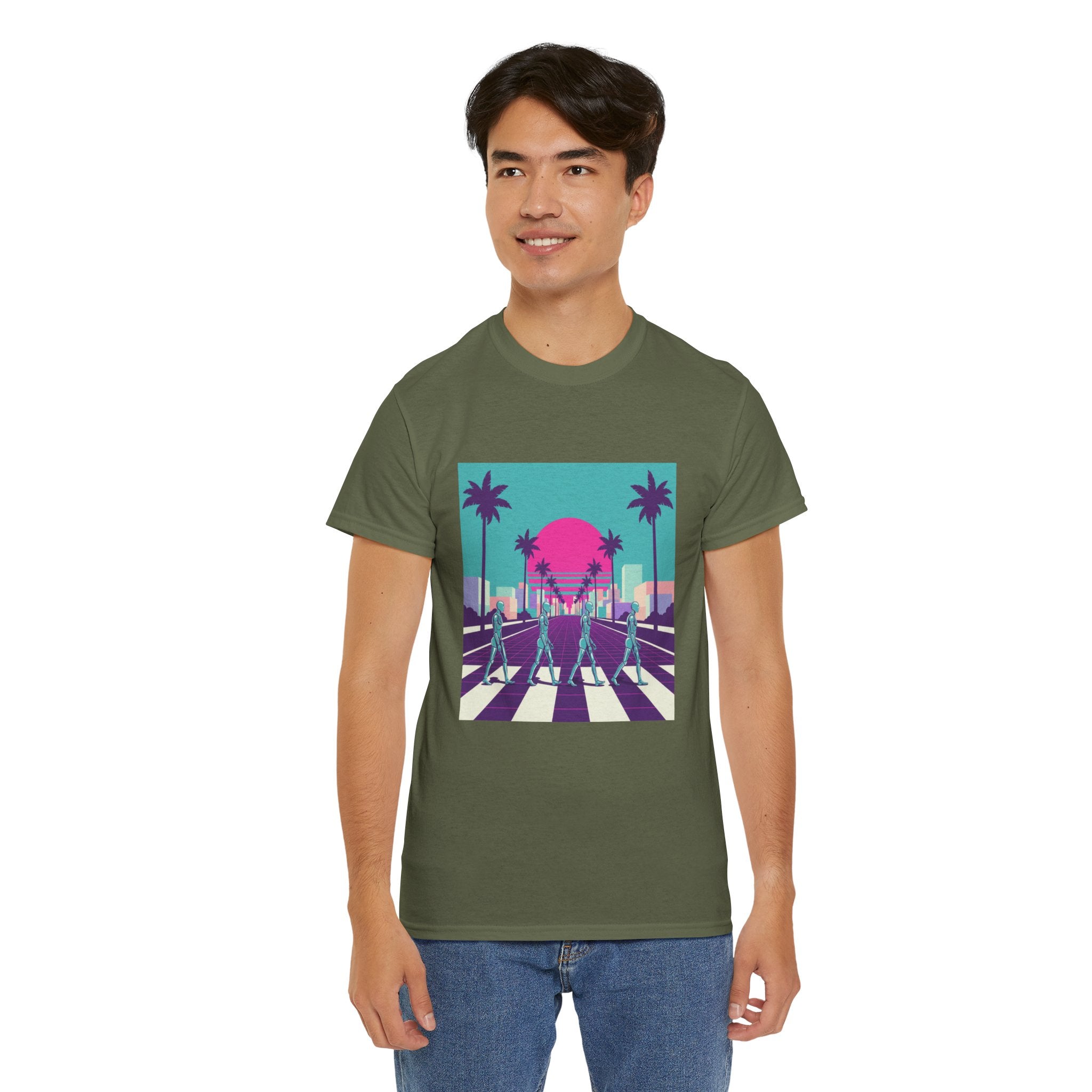 Retro Sunset Beach Tee — Vaporwave Palm Tree Skate Crossing T-Shirt