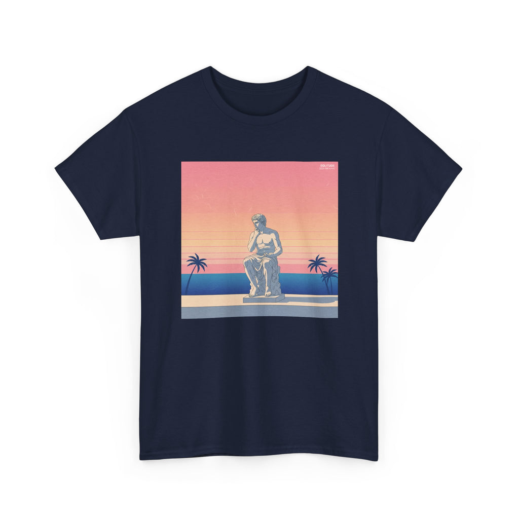 Retro Sunset Statue T-Shirt — Vaporwave Beach Graphic Tee