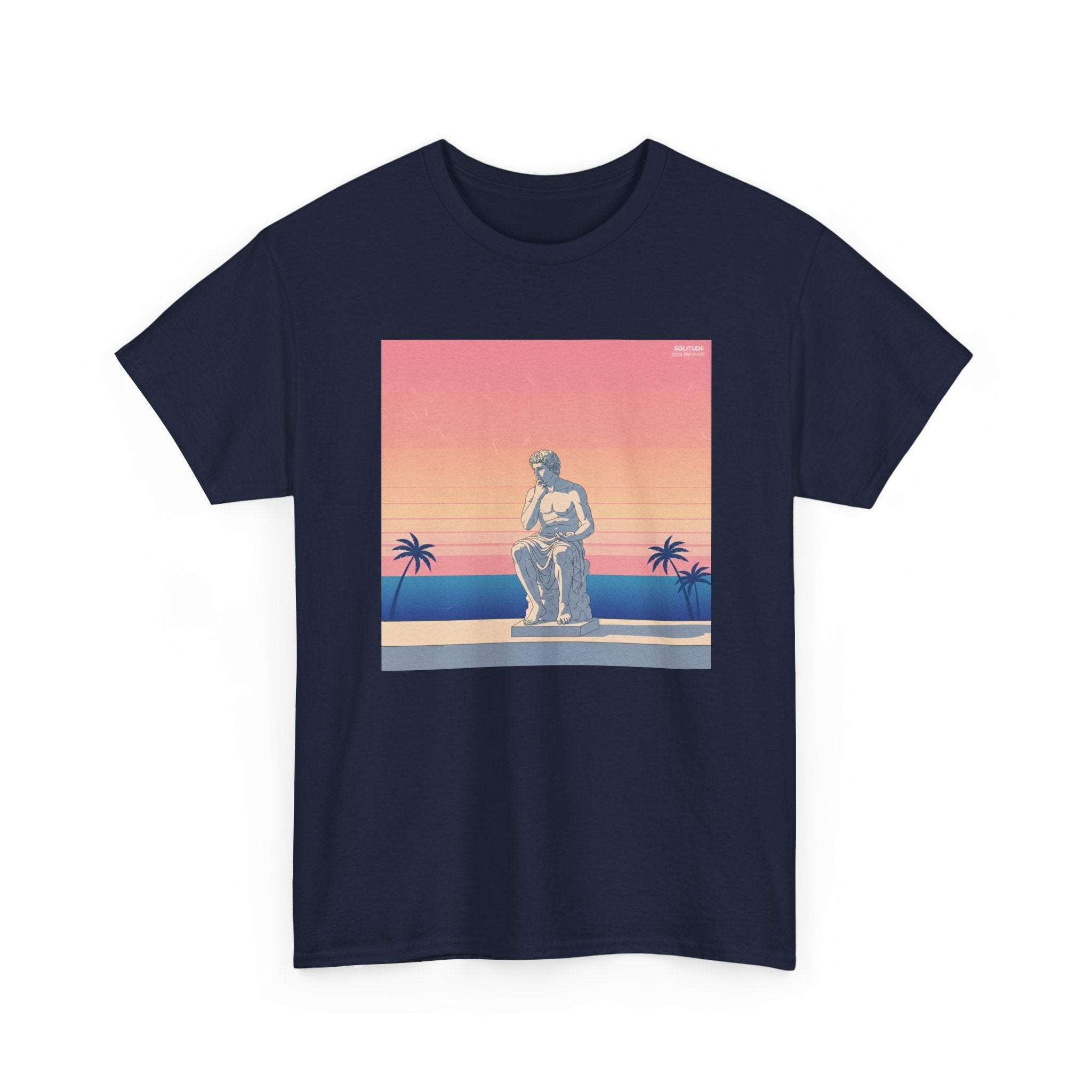Retro Sunset Statue T-Shirt — Vaporwave Beach Graphic Tee