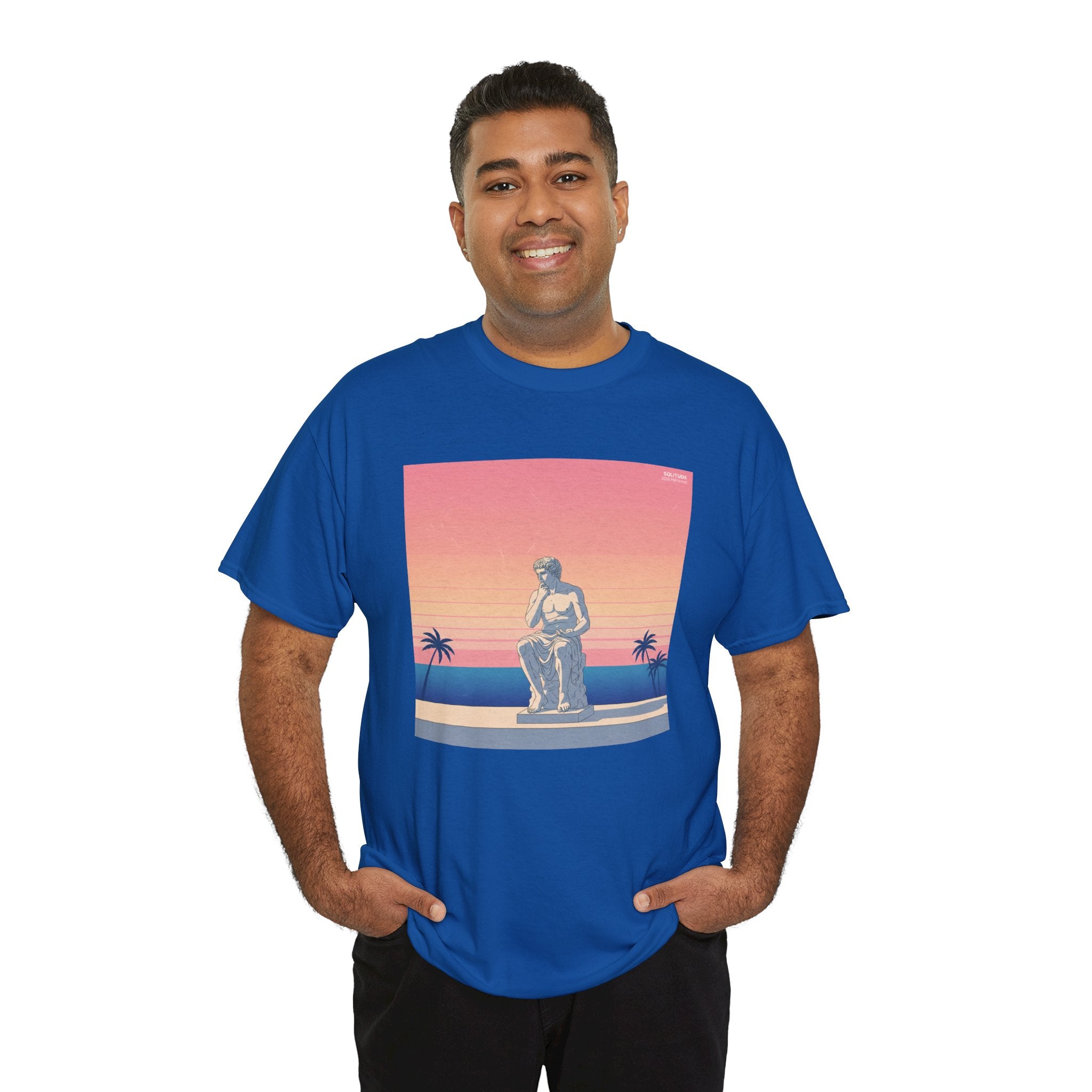 Retro Sunset Statue T-Shirt — Vaporwave Beach Graphic Tee