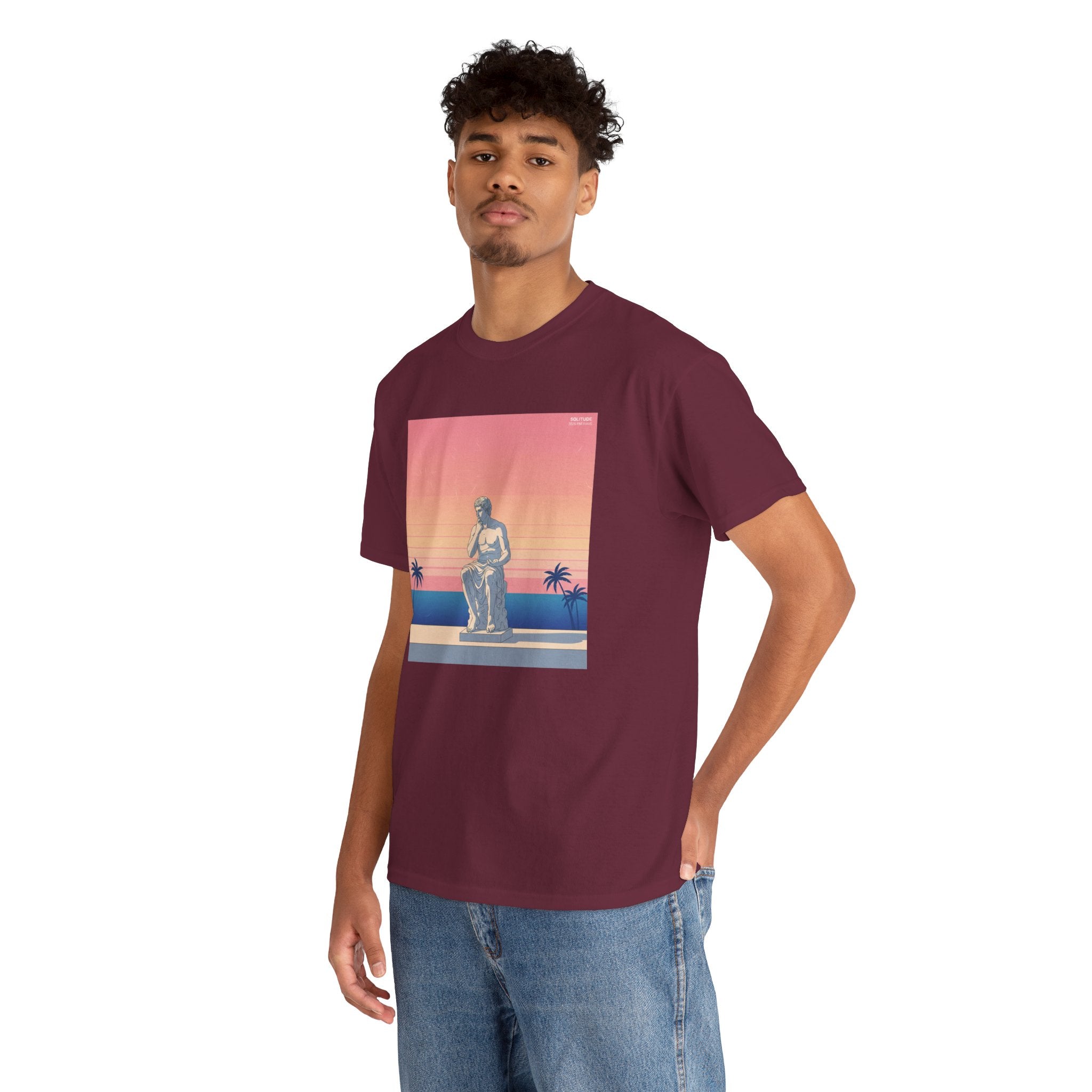 Retro Sunset Statue T-Shirt — Vaporwave Beach Graphic Tee