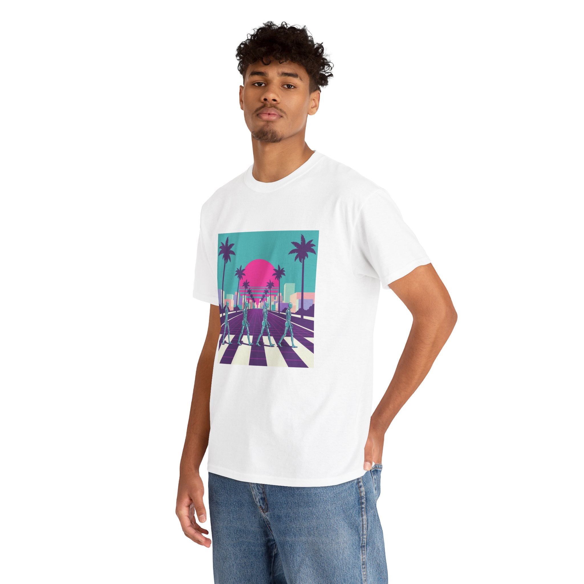 Retro Sunset Beach Tee — Vaporwave Palm Tree Skate Crossing T-Shirt