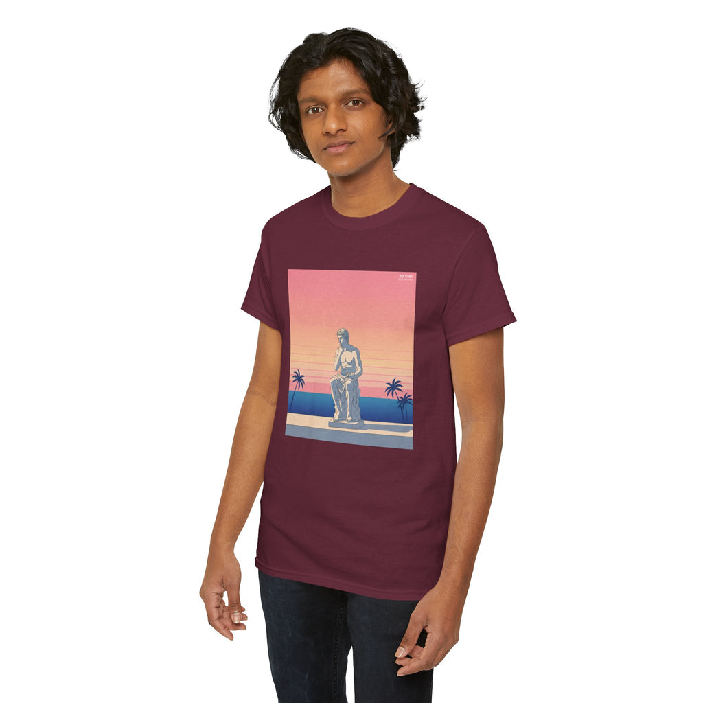 Retro Sunset Statue T-Shirt — Vaporwave Beach Graphic Tee