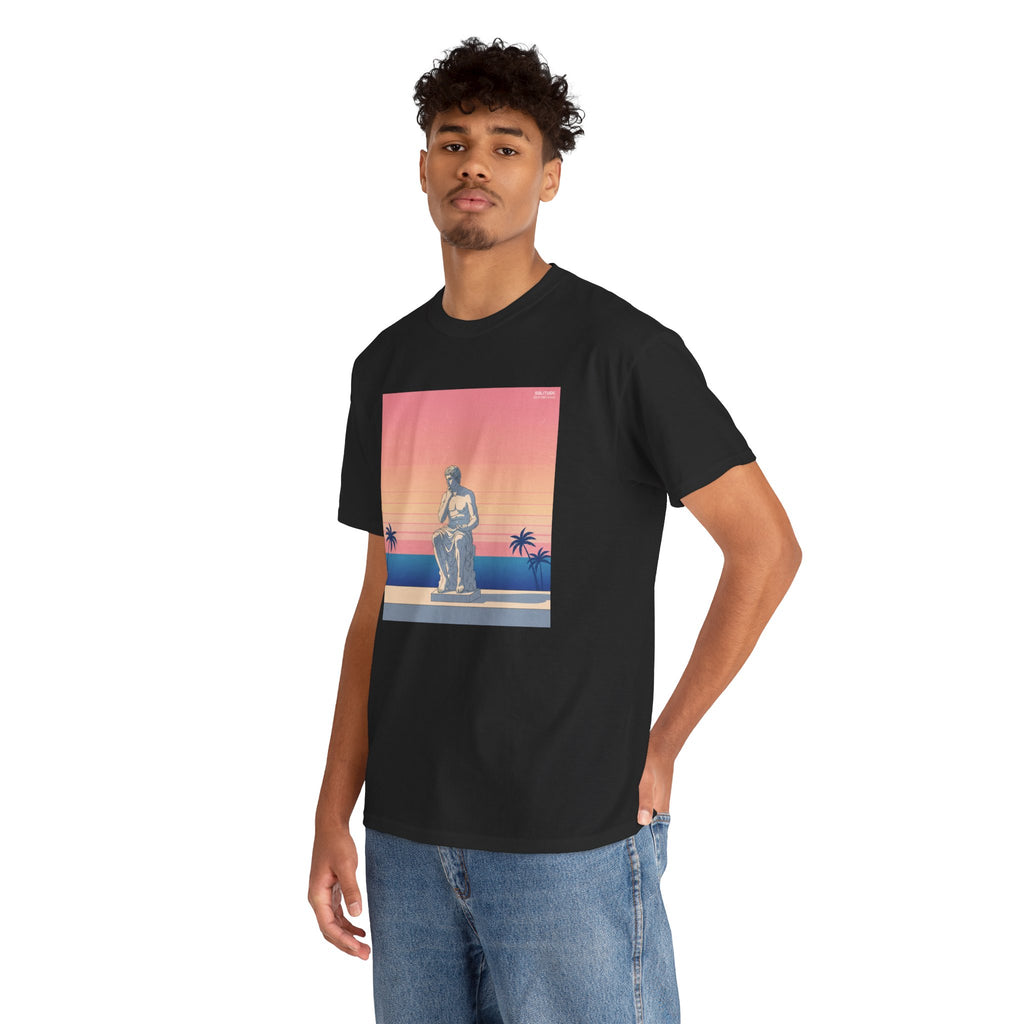 Retro Sunset Statue T-Shirt — Vaporwave Beach Graphic Tee
