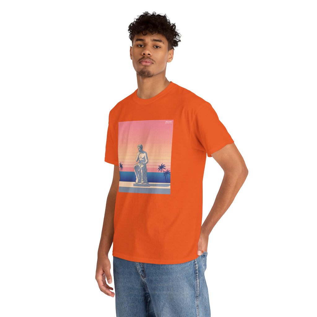 Retro Sunset Statue T-Shirt — Vaporwave Beach Graphic Tee