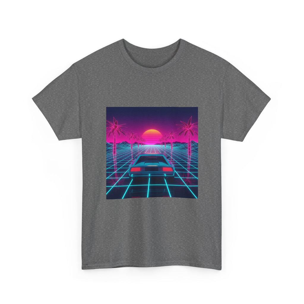 Vaporwave Sunset Drive Tee | Retro 80s Neon Car Grid Palm Trees